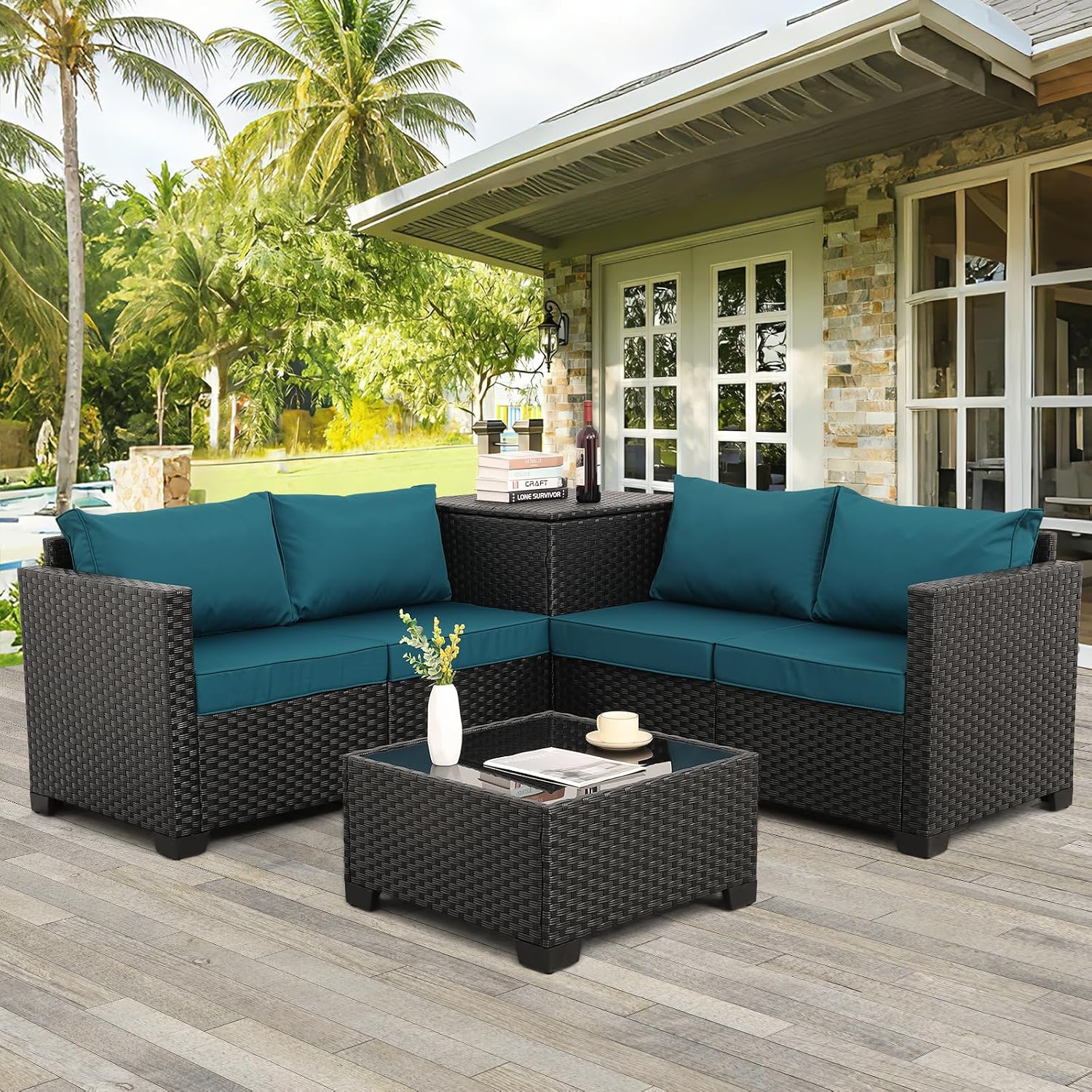 WAROOM Patio Furniture Set 4 Piece Conversation Sets Black Rattan Outdoor Couch Loveseat Wicker Sectional Sofa with Storage Box Glass Top Table, Peacock Blue Cushion