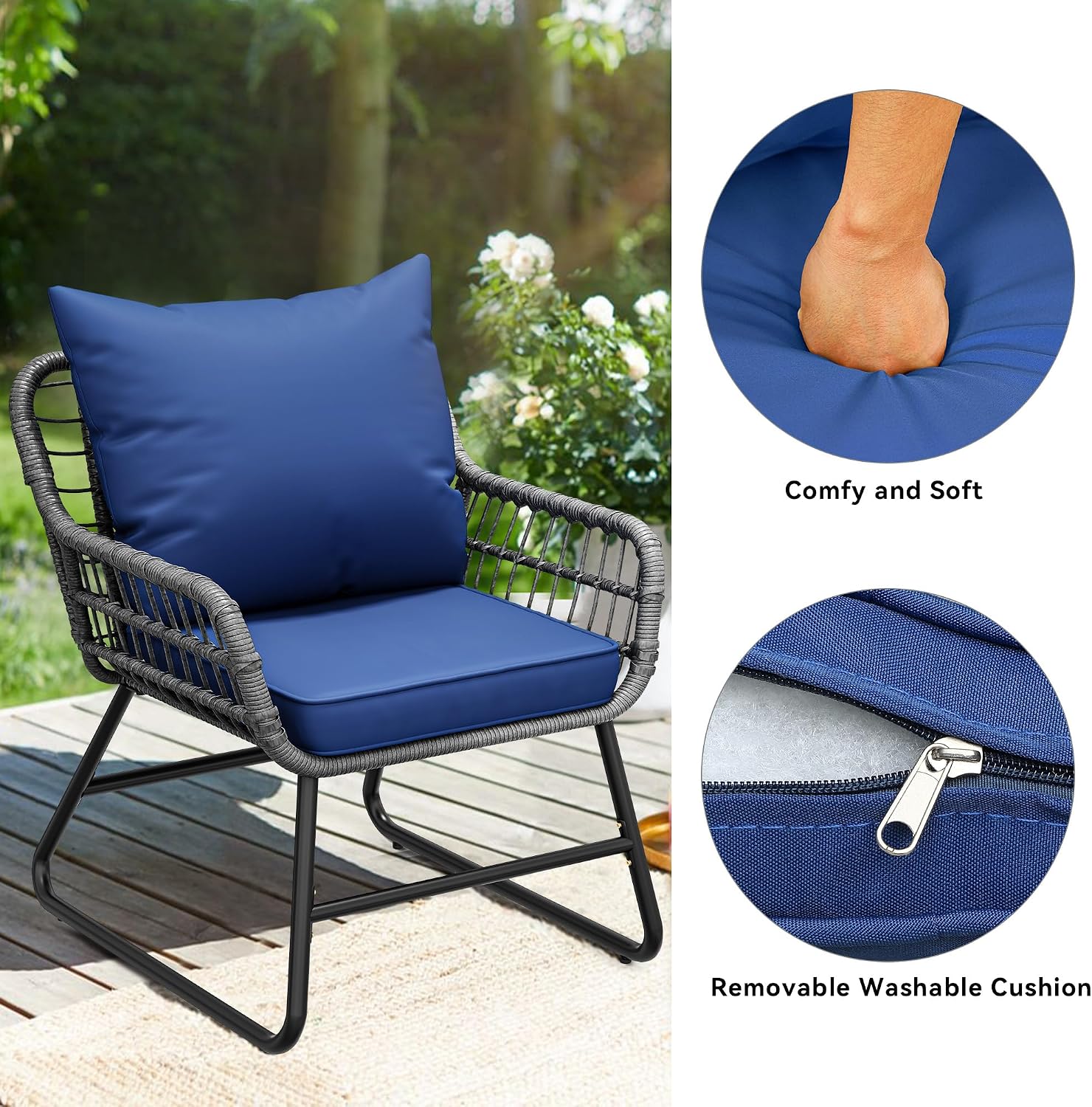 YITAHOME 4-Piece Patio Furniture Set, Wicker Outdoor Bistro Set, All Weather Rattan Patio Conversation Set with Soft Cushions and Glass Side Table for Backyard, Balcony, Deck - Navy Blue