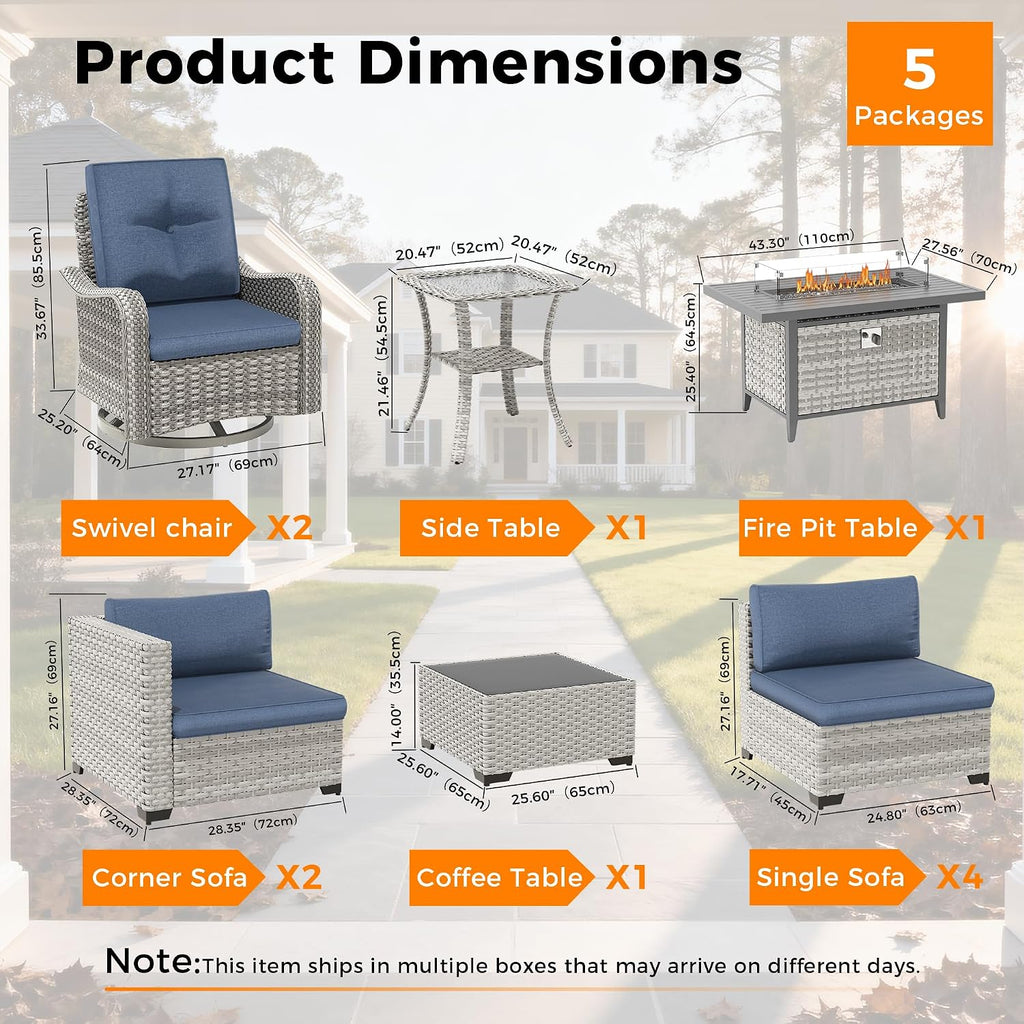 8-Seat Outdoor Wicker Patio Furniture Set with Fire Pit Table, Modular Rattan Sectional Sofa & 2 Swivel Rocking Chairs, 4' Thick Cushions, Rust-Resistant Frame,Navy
