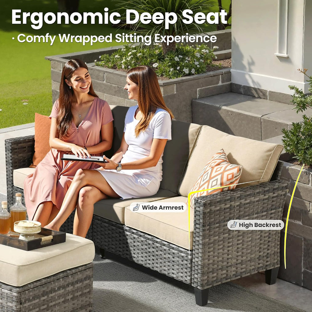 ovios 7-Pieces Patio Furniture Set, Outdoor Wicker Sofa Couch with Swivel Glider Chairs Loveseat Comfy Cushions Modern Conversation Set for Backyard Porch, Beige