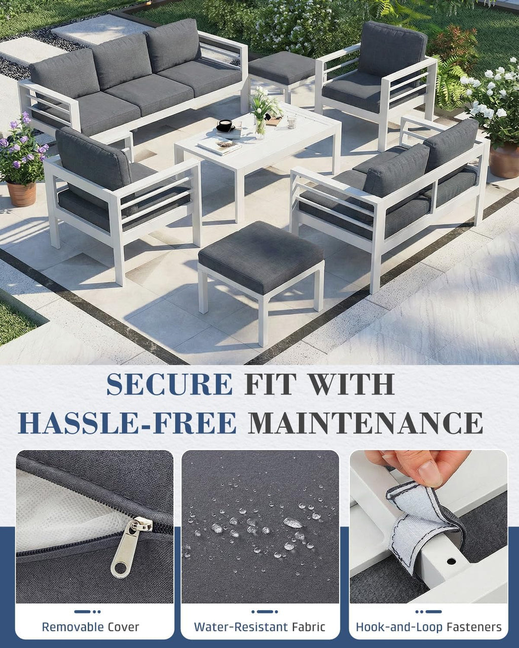 AECOJOY Aluminum Patio Furniture Armchair with Ottoman, Set of 2, Modern Outdoor Furniture with Washable 5 inch Thick Cushion, Dark Gray Cushion