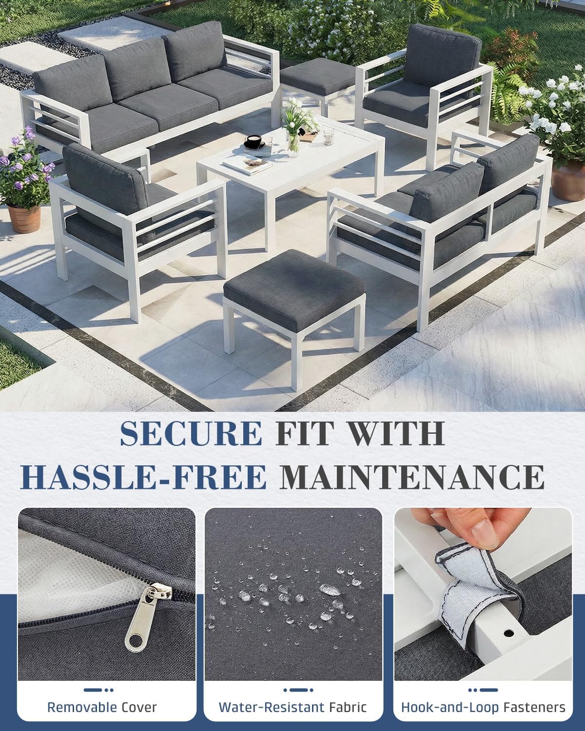 AECOJOY Aluminum Patio Furniture Armchair with Ottoman, Set of 2, Modern Outdoor Furniture with Washable 5 inch Thick Cushion, Dark Gray Cushion