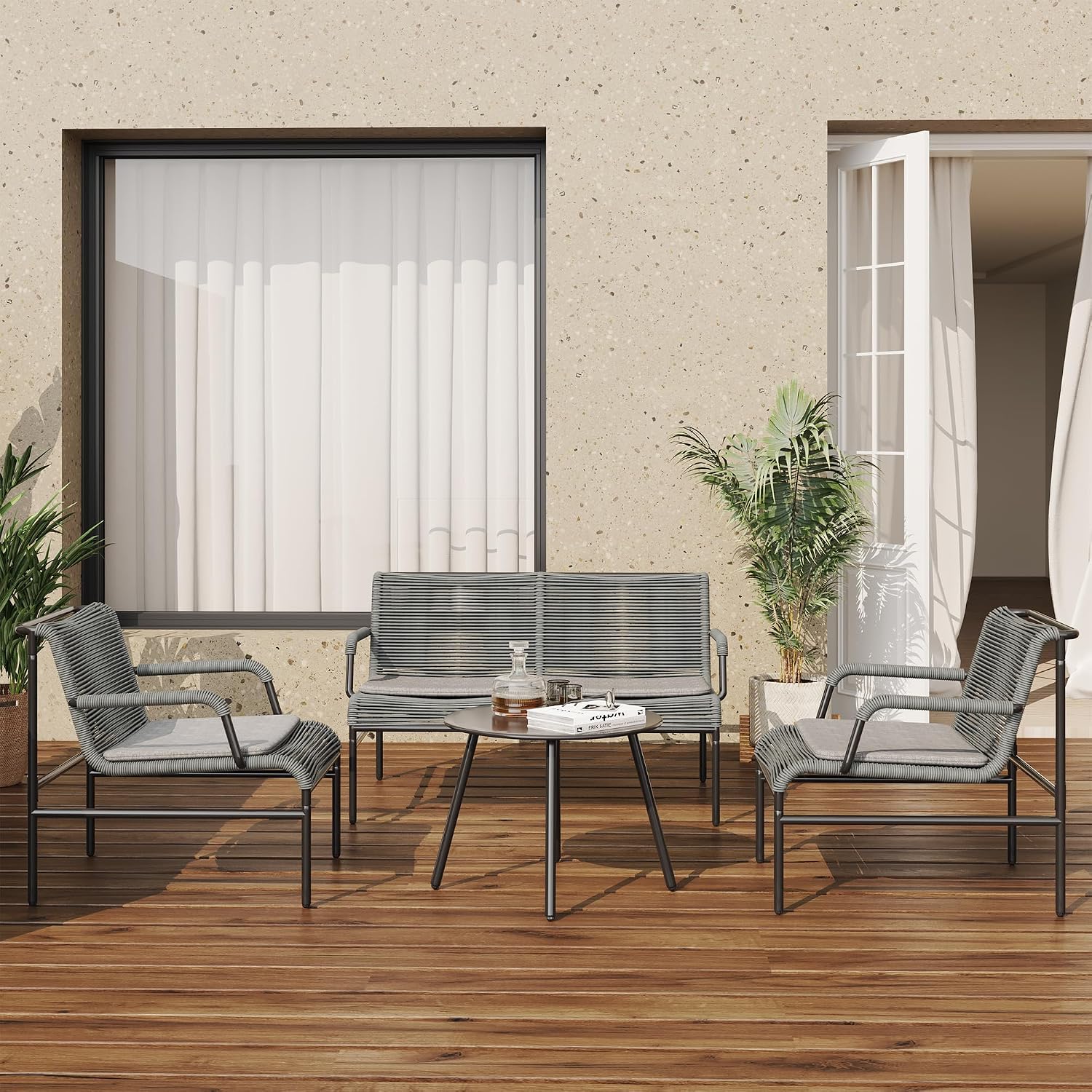 East Oak 4 Piece Patio Furniture Set, Outdoor Furniture with PE Wicker Rattan Chairs and Coffee Table, Modern Patio Conversation Set with Soft Pad for Garden, Backyard and Porch, Misty Grey
