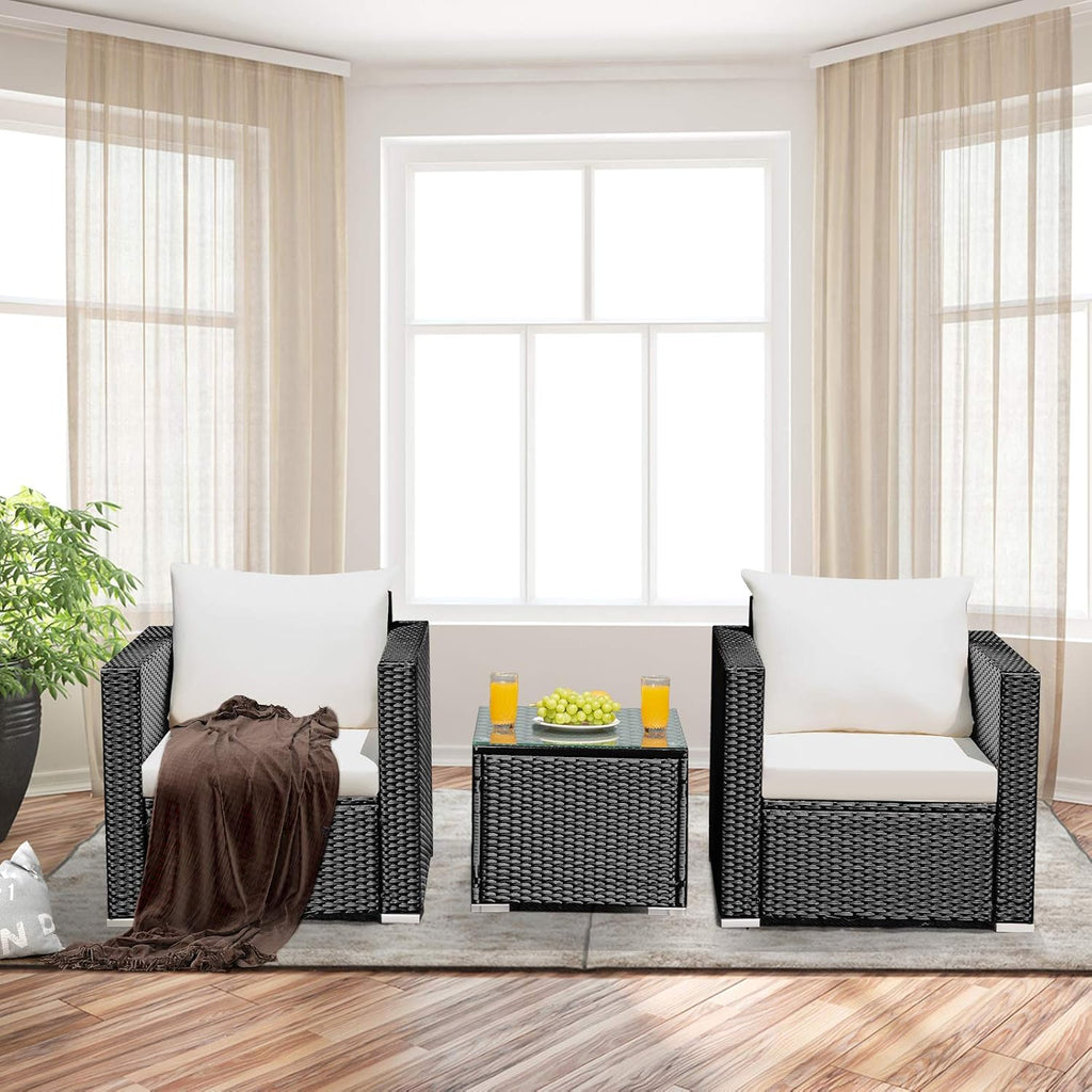 COSTWAY 3-Piece Outdoor Patio Furniture Set, Cushioned Armchairs and Tempered Glass Coffee Table, Wicker Rattan Sofa Set for Garden, Balcony, Backyard (White)