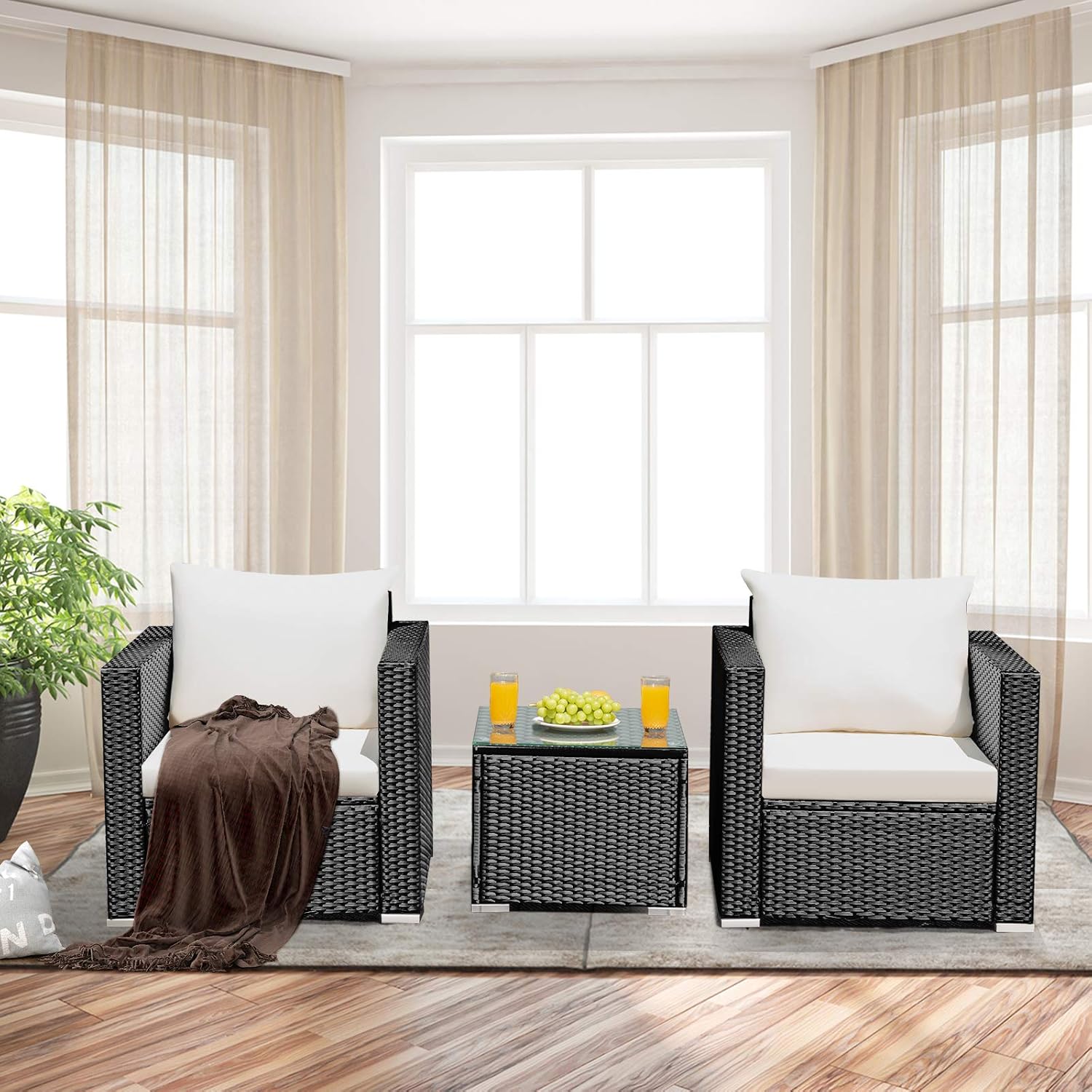 COSTWAY 3-Piece Outdoor Patio Furniture Set, Cushioned Armchairs and Tempered Glass Coffee Table, Wicker Rattan Sofa Set for Garden, Balcony, Backyard (White)