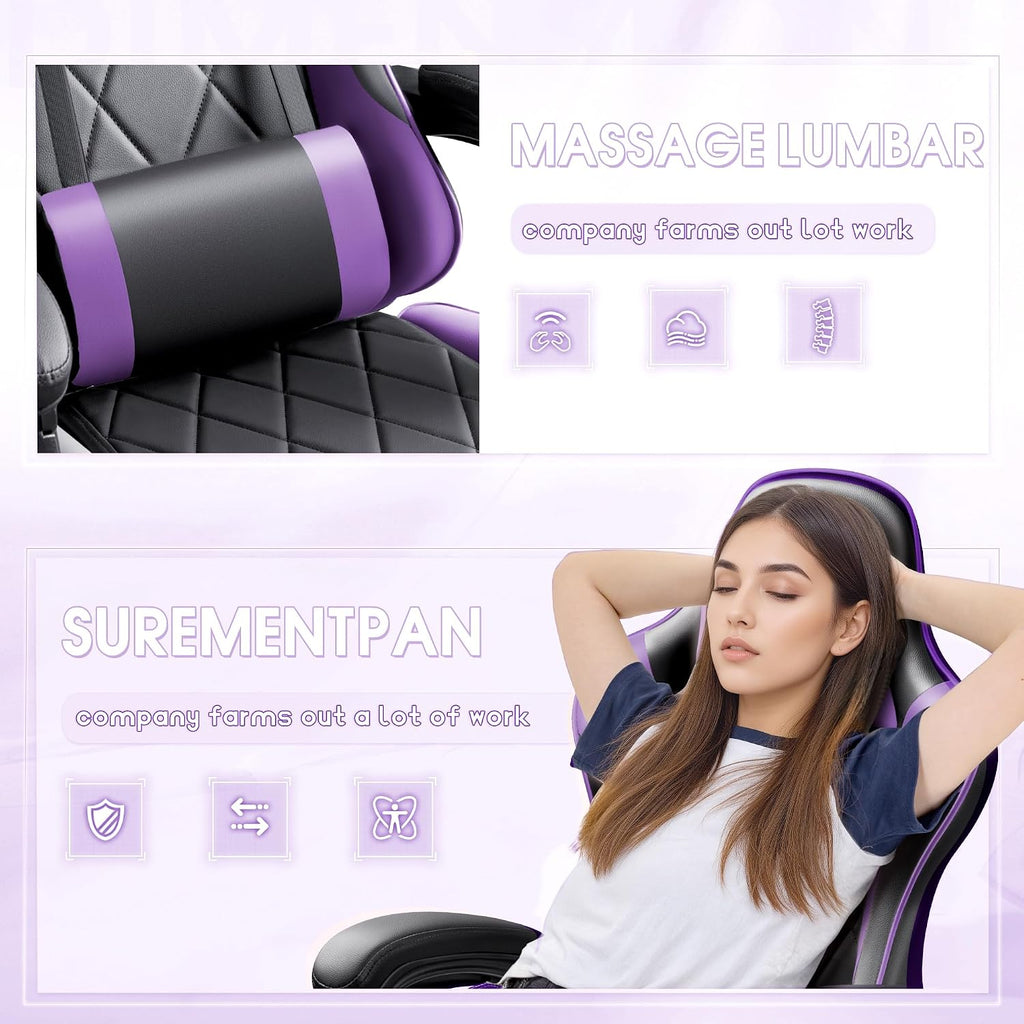 Shahoo Gaming Chair with Footrest and Massage Lumbar Support, Ergonomic Office Computer Seat Height Adjustable with Headrest, Purple