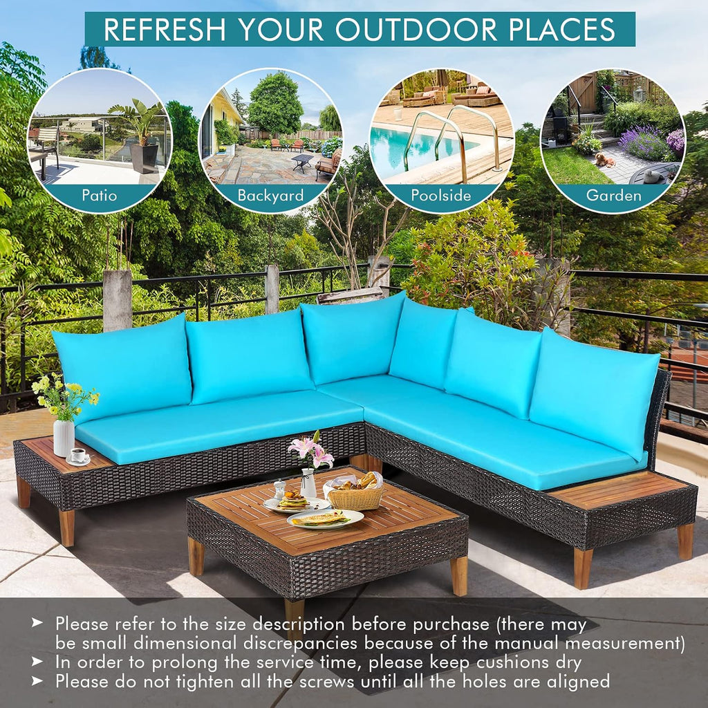 Tangkula 4 Pieces Acacia Wood Patio Furniture Set, Patiojoy L Shaped Wicker Corner Sectional Sofa Set with Thick Cushions, Coffee Table, for Backyard, Garden, Poolside and Deck (Turquoise)