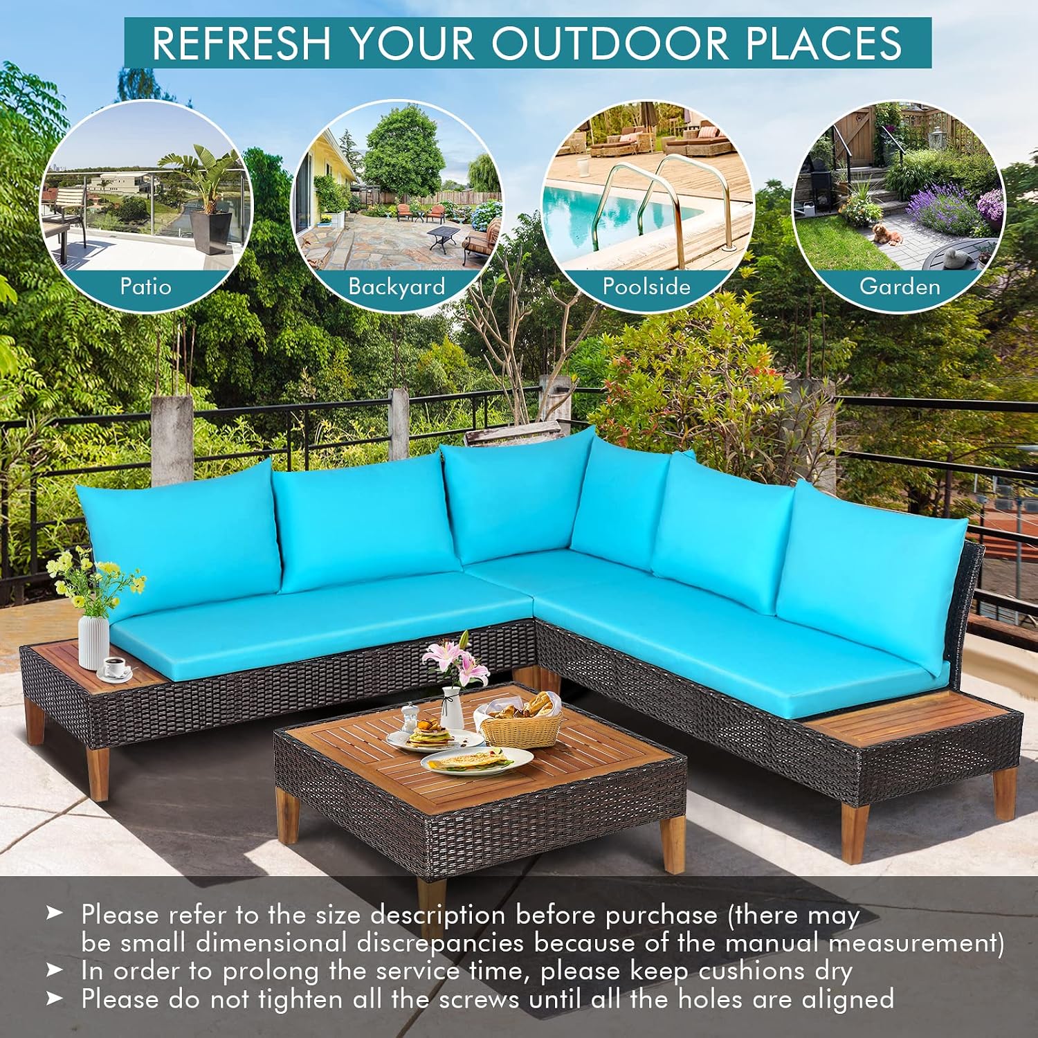 Tangkula 4 Pieces Acacia Wood Patio Furniture Set, Patiojoy L Shaped Wicker Corner Sectional Sofa Set with Thick Cushions, Coffee Table, for Backyard, Garden, Poolside and Deck (Turquoise)