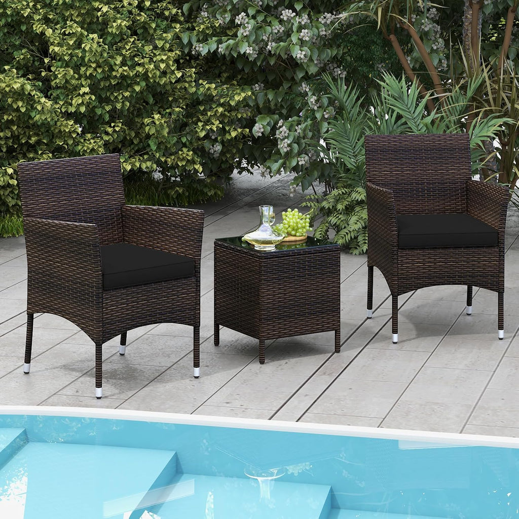 Tangkula 3 Pieces Patio Rattan Furniture Set, Outdoor Conversation Set with PE Wicker Armchairs, Tempered Glass Top Coffee Table, Soft Removable Cushions, for Porch Garden Yard Balcony (Black)