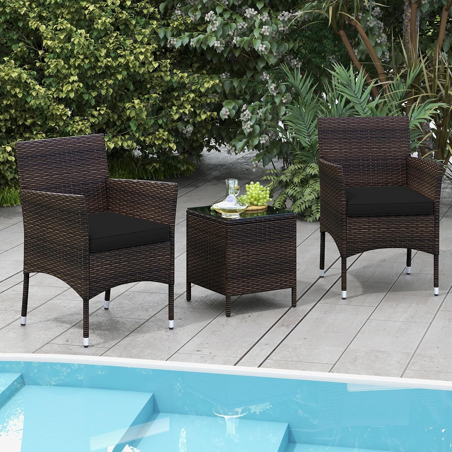 Tangkula 3 Pieces Patio Rattan Furniture Set, Outdoor Conversation Set with PE Wicker Armchairs, Tempered Glass Top Coffee Table, Soft Removable Cushions, for Porch Garden Yard Balcony (Black)