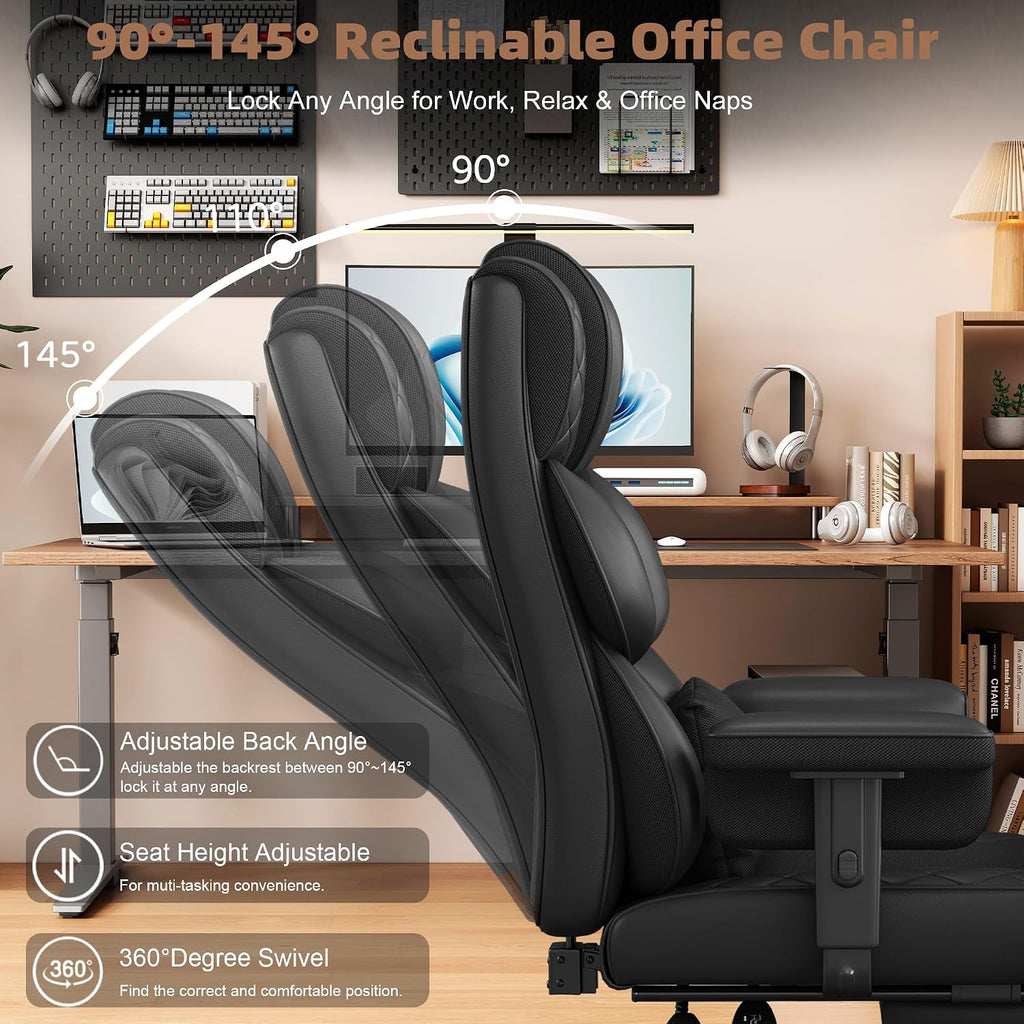 Vonesse Big and Tall Office Chair, Desk Chair with Soft Adjustable Armrests, Ergonomic High Back Gaming Chair with Lumbar Support, Executive Computer Chairs with Footrest (PU Leather, Black)