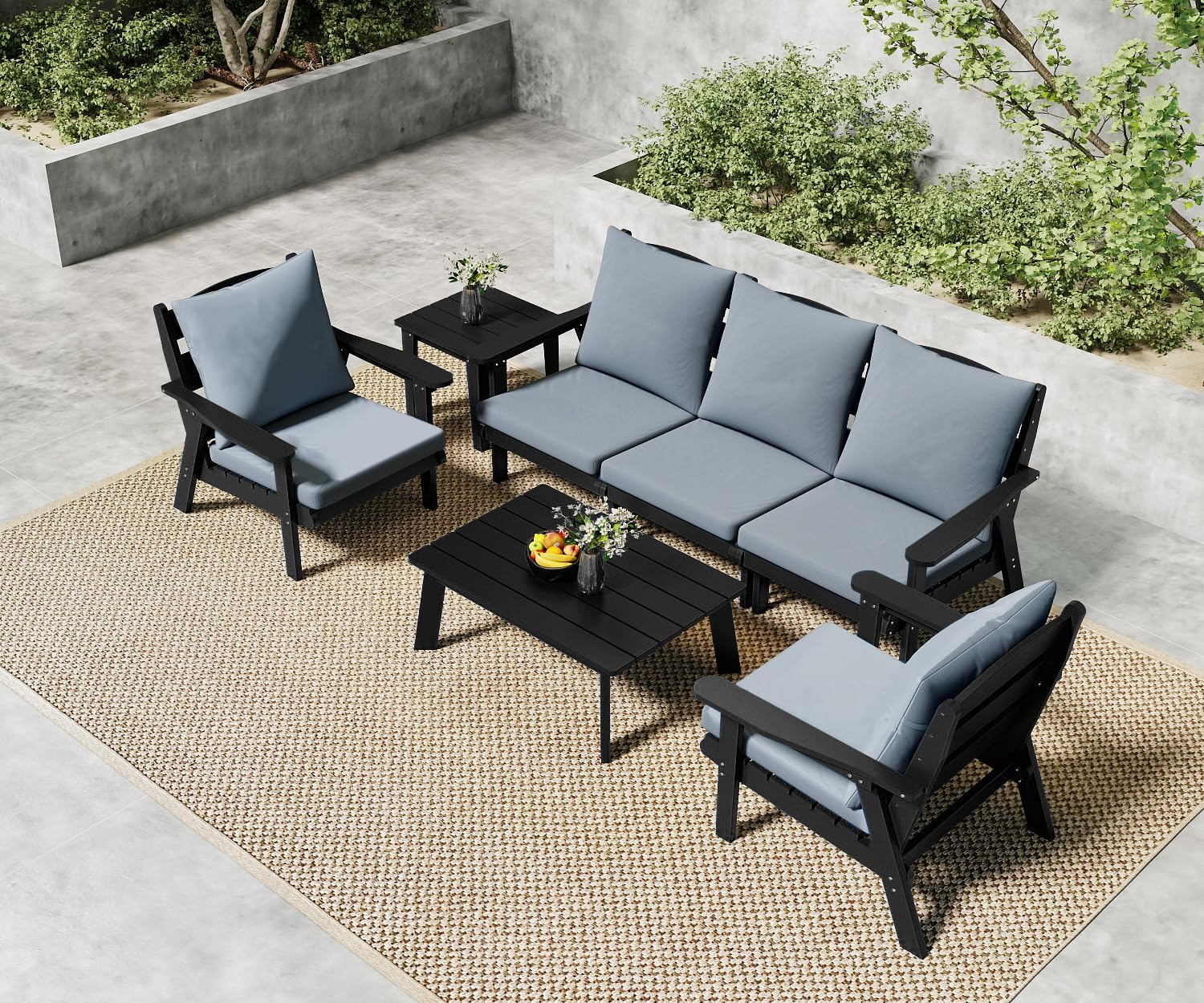 FOOWIN 7-Piece Patio Furniture Set, HDPE All-Weather Outdoor Conversation Set with Thick Cushions, Sectional Patio Sofa Furniture for Deck, Porch, Lawn, Garden, Black Frame & Grey Cushion