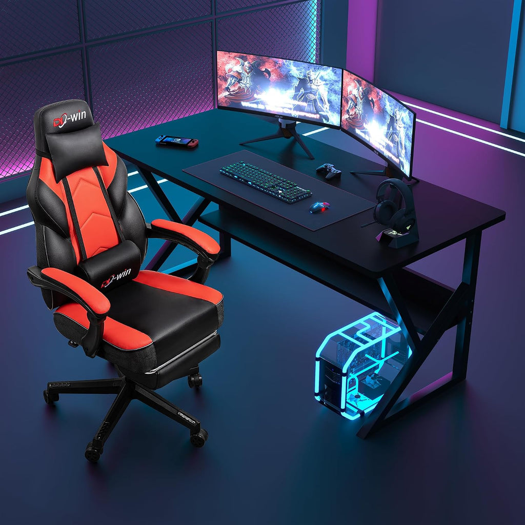 Gaming Chair, Office Chair with Footrest and Lumbar Support, Height Adjustable Game Chair with 360°-Swivel Seat and Headrest and for Office or Gaming (Deep Red)