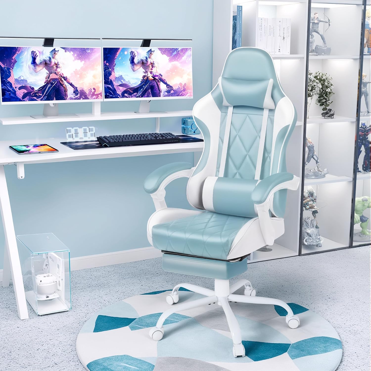 Shahoo Gaming Chair with Footrest and Massage Lumbar Support, Ergonomic Office Computer Seat Height Adjustable with Headrest, Light Blue