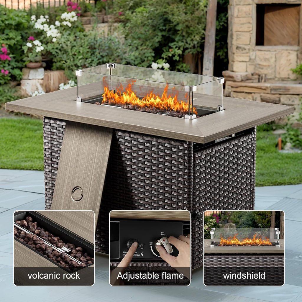 Luxury High Back Outdoor Furniture 6-Inch Thick Cushions with 50,000 BTU Gas Propane Fire Pit Tablet, Patio Furniture Set with Swivel Chairs, for Porch, Balcony, Deck and Yard