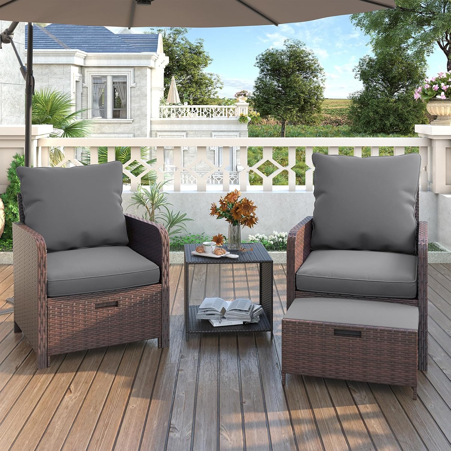 UDPATIO Balcony Furniture Patio Chairs with Ottoman, 5 Piece Wicker Patio Furniture Set with Footrest for Front Porch Small Space