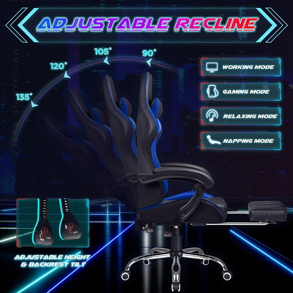 Shahoo Gaming Chair with Footrest and Massage Lumbar Support, Computer Game Chairs Ergonomic Office Seat Height Adjustable with Headrest, Blue