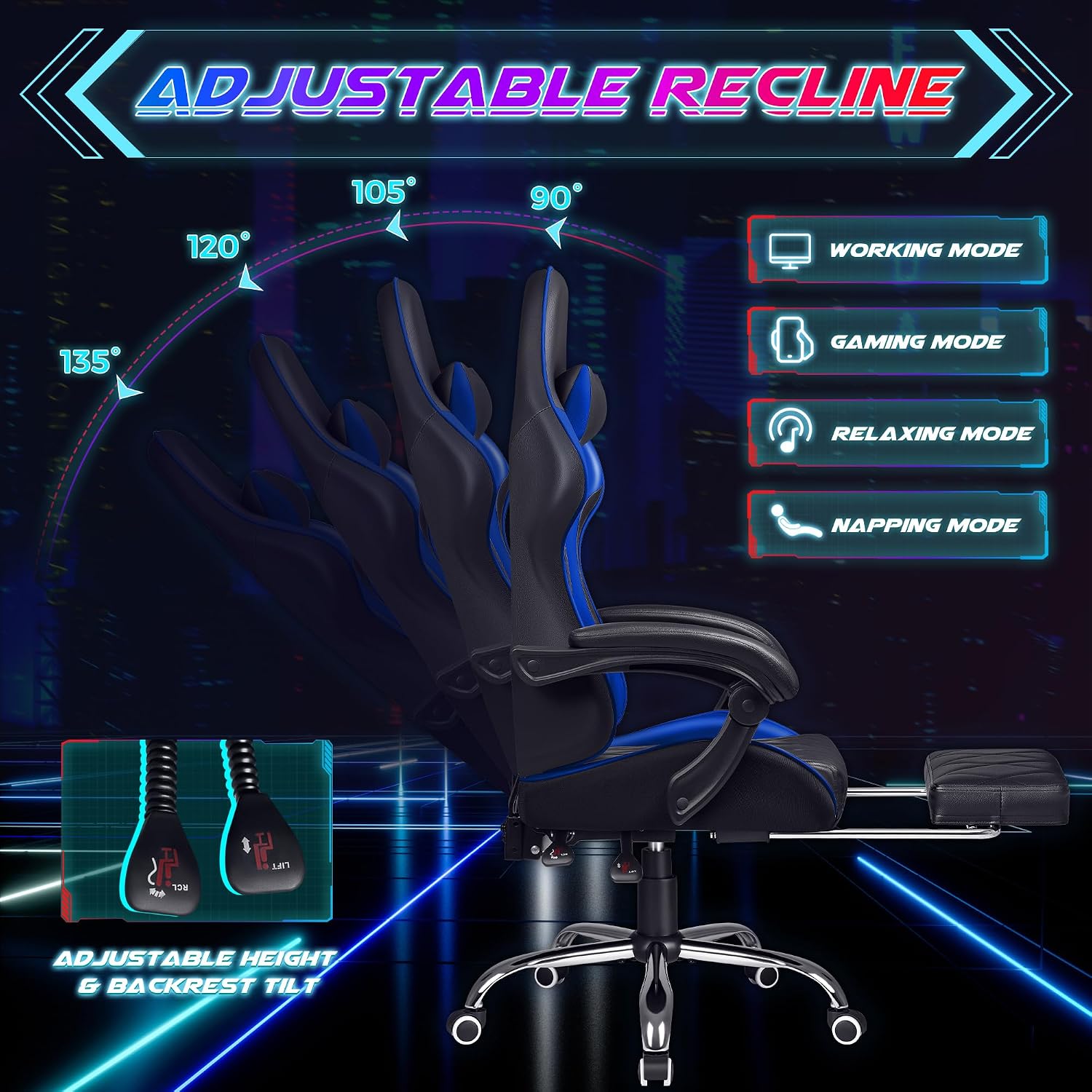 Shahoo Gaming Chair with Footrest and Massage Lumbar Support, Computer Game Chairs Ergonomic Office Seat Height Adjustable with Headrest, Blue