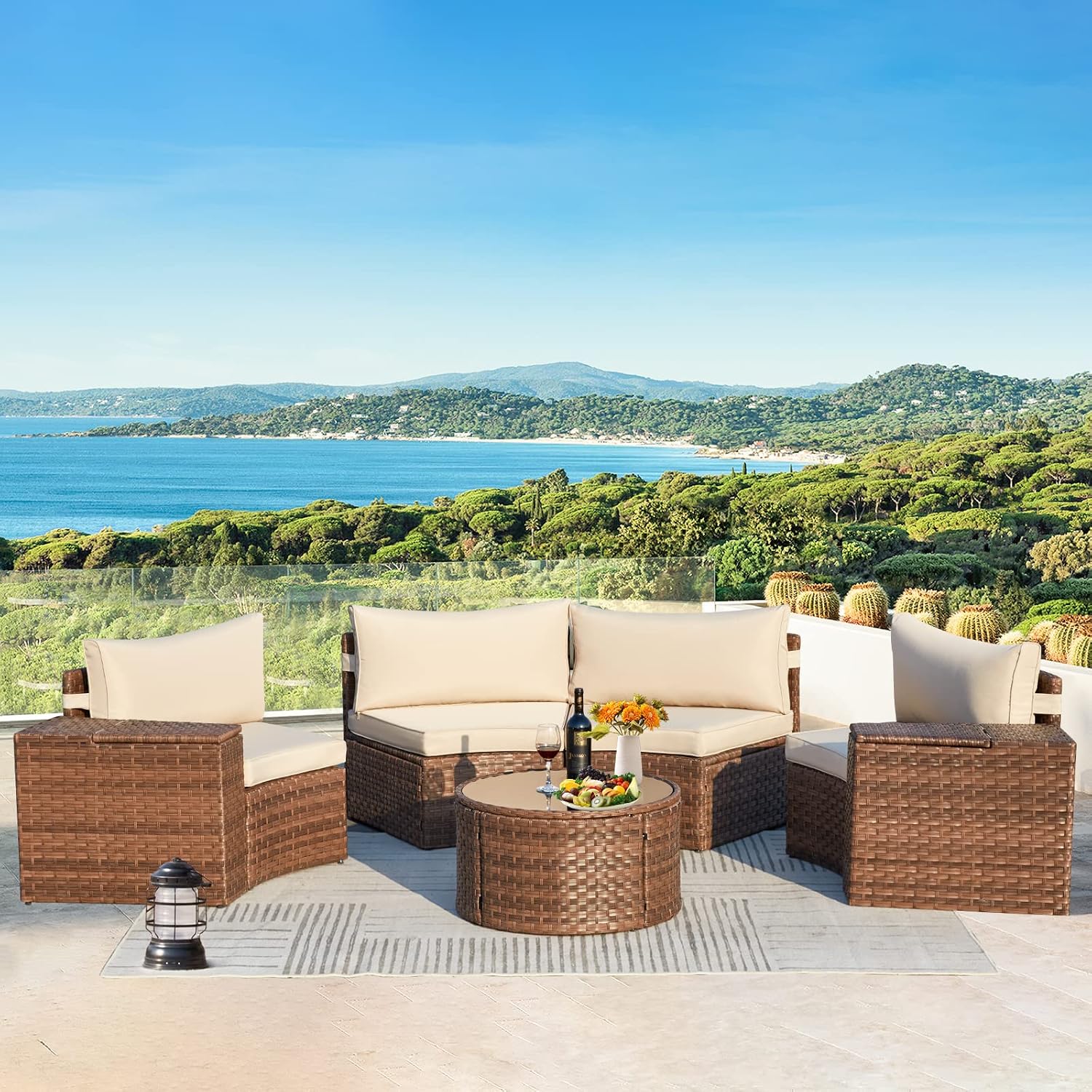 ECOTOUGE 7 Piece Patio Furniture Sets, Half-Moon Circle Conversation Set, Curved Wicker Outdoor Sectional with 2 Storage Armrests and Glass Coffee Table, Garden Balcony and Backyard (Beige)