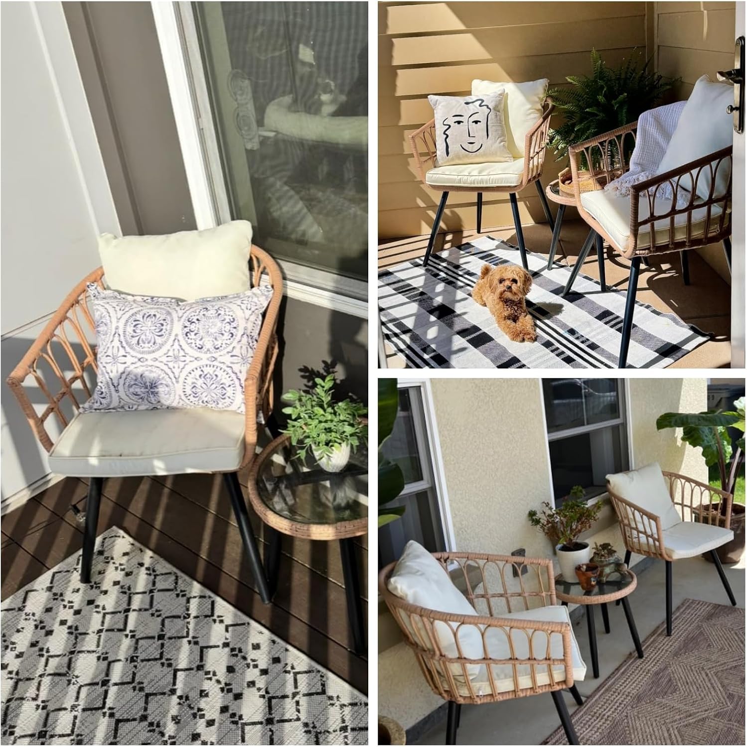 PORWEY 3 Piece Patio Bistro Set, Outdoor Wicker Furniture with Comfortable Cushions, Glass Top Table & 2 Rattan Chairs for Balcony, Apartment, Backyard, Porch, Deck, Beige