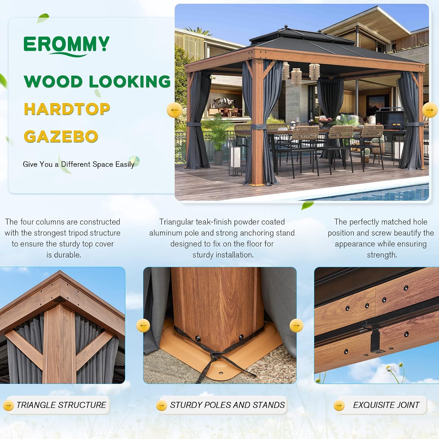 EROMMY 10'x13' Hardtop Gazebo Outdoor Aluminum Wood Grain Gazebos with Galvanized Steel Roof and Mosquito Net for Patios, Deck, Backyard, Curtains & Netting
