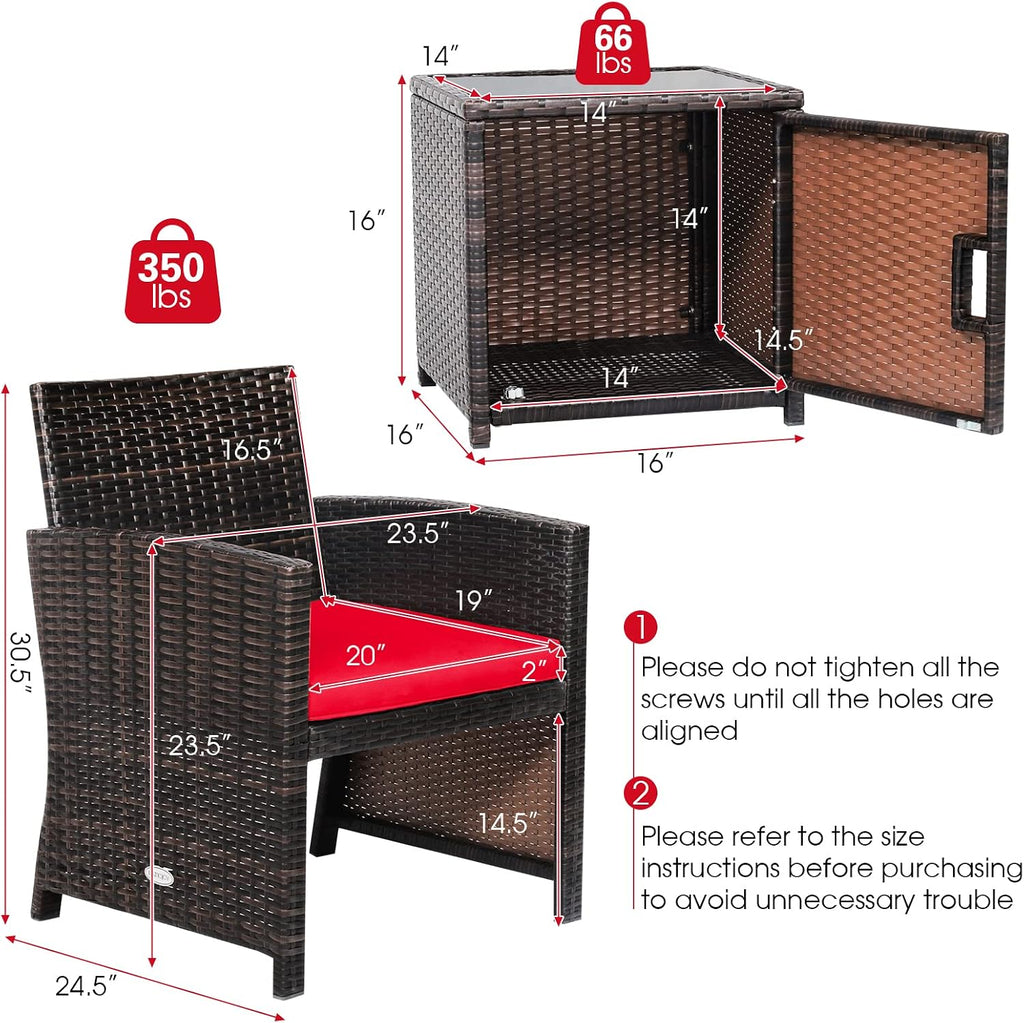 Tangkula 3 Pieces Outdoor Wicker Conversation Set with Waterproof Cover, 2 Patio PE Rattan Cushioned Chairs with Side Storage Table, Suitable for Front Porch, Balcony, Garden, Poolside and Yard (Red)