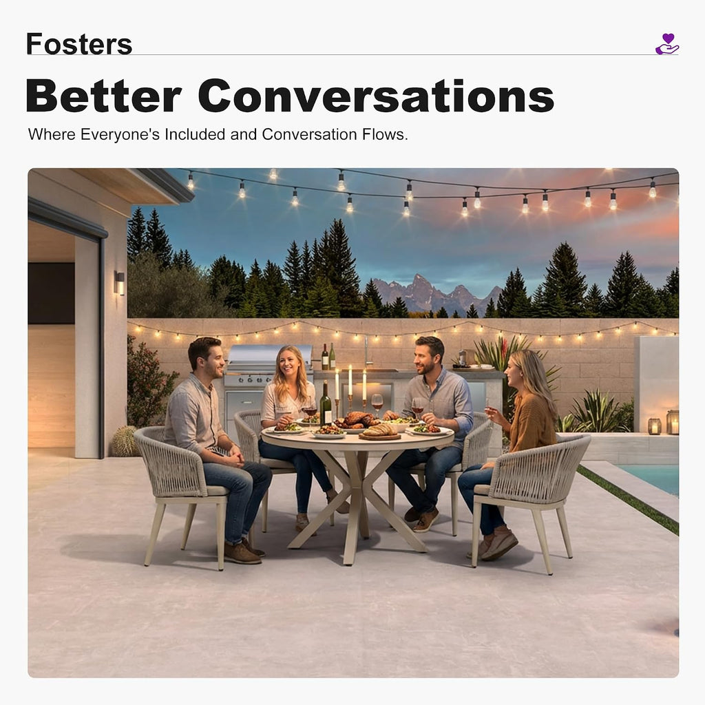 PURPLE LEAF 5 Pieces Oversized Round Patio Dining Set Aluminum Frame and Wicker Rattan Arm Chairs with Cushions for Garden Porch Kitchen Modern Outdoor Champagne