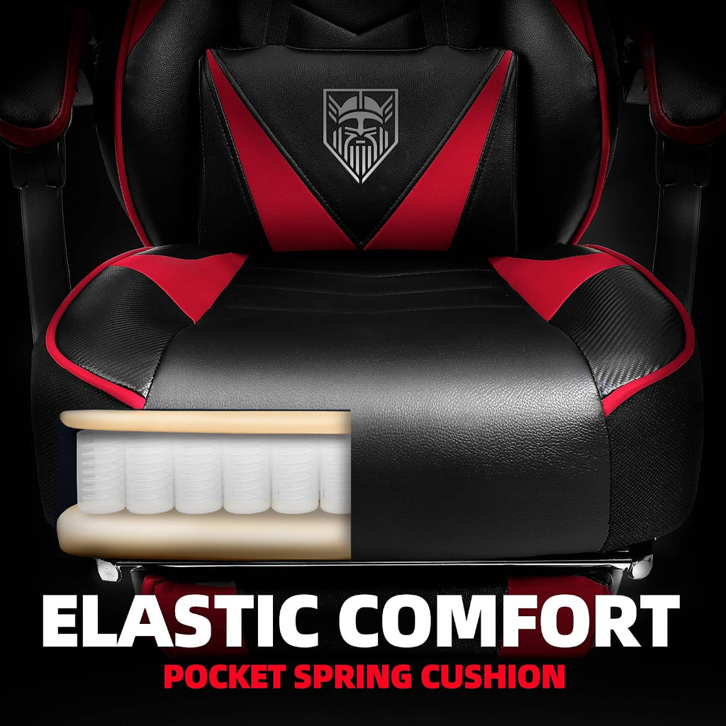 Vonesse Gaming Chair, High Back Gaming Chair with Footrest and Massage, Gaming Chairs for Adults with Pocket Spring Cushion, Big and Tall Reclining Computer Chair with Lumbar Support (Red/Black)