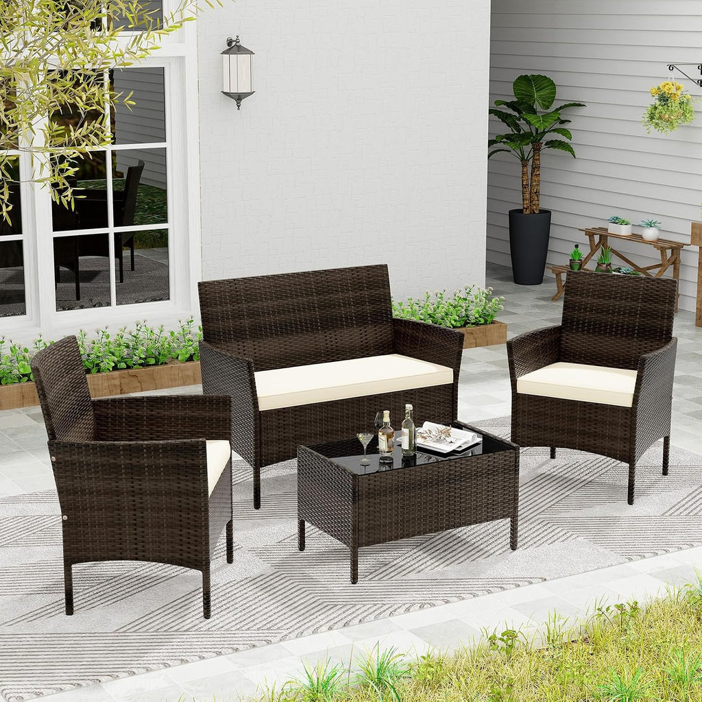 KOTEK 4 Piece Patio Furniture Set, Outdoor Rattan Conversation Set with Loveseat, Wicker Chairs, Tempered Glass Coffee Table, Wicker Patio Set for Backyard, Porch Beige