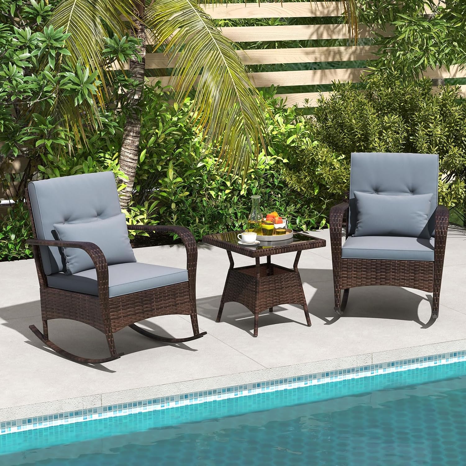 ORALNER 3 Pieces Patio Furniture Set, Outdoor Wicker Rocking Chairs with Cushions, Pillows, Glass Coffee Table, Rattan Bistro Rocker Set for Balcony Front Porch Poolside Garden Deck Yard (Grey)