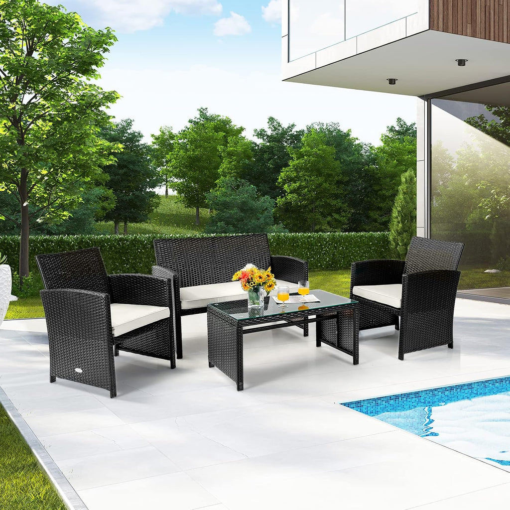 COSTWAY 4 Piece Patio Furniture Set, Outdoor PE Rattan Wicker Sectional Sofa with Cushion and Coffee Table, Patio Conversation Sets for Balcony Lawn Porch Patio Backyard Garden Poolside, White