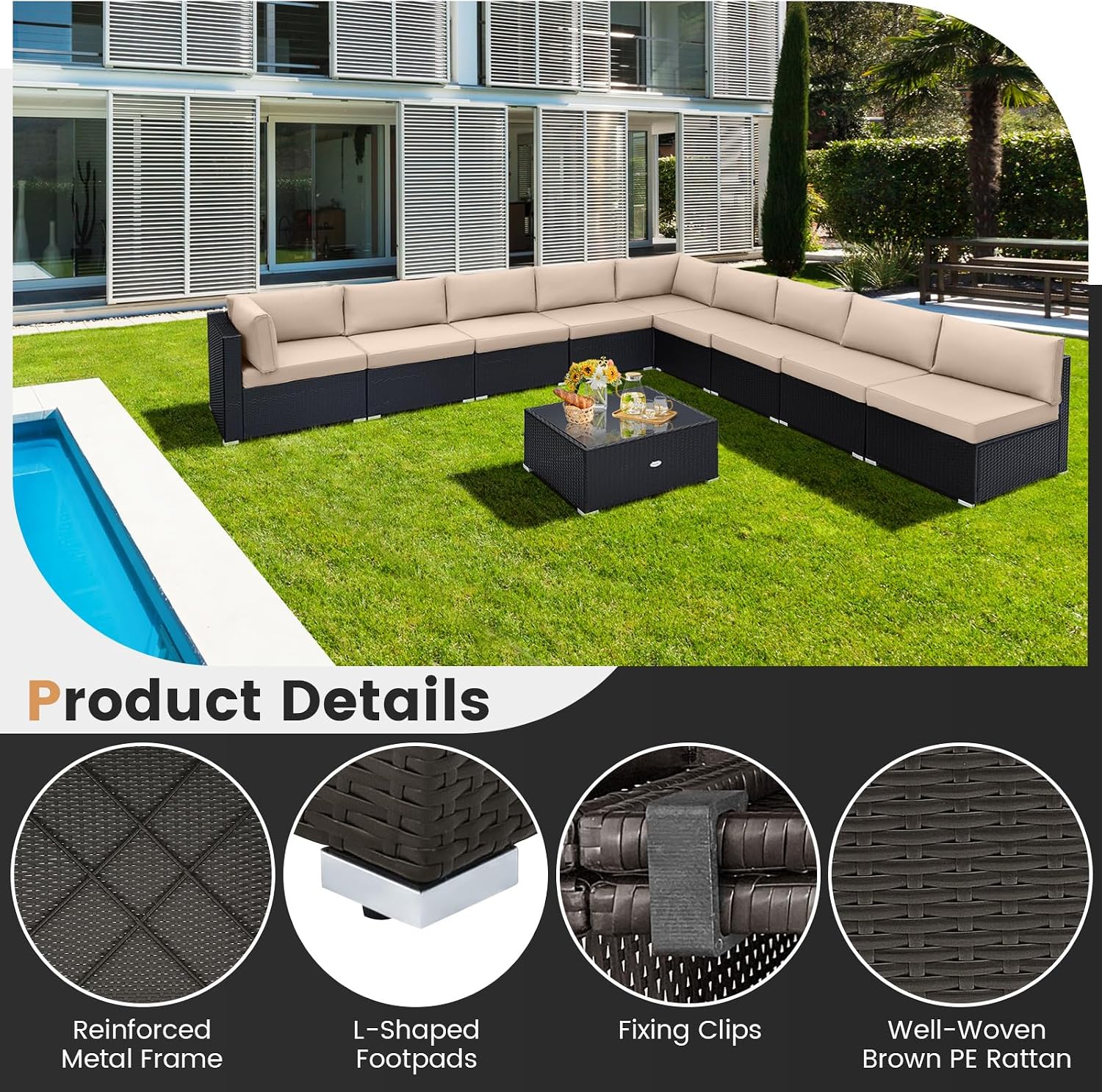 Tangkula 10 Pieces Patio Sofa Set, Outdoor Wicker Conversation Set with Soft Cushions, Tempered Glass Tabletop, Sofa Fastener Clips Included, Rattan Furniture Set for Backyard, Poolside (Beige)