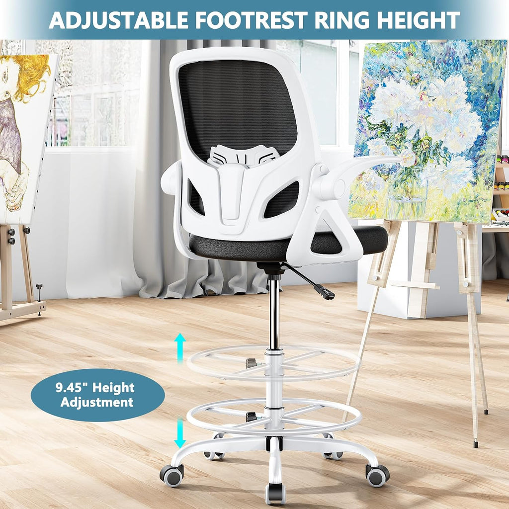 Kensaker Drafting Chair Tall Office Chair, Ergonomic Standing Desk Chair with Adjustable Foot Ring and Flip-up Armrests, Mesh Computer Chair for Art Studio, 300 LBS, White