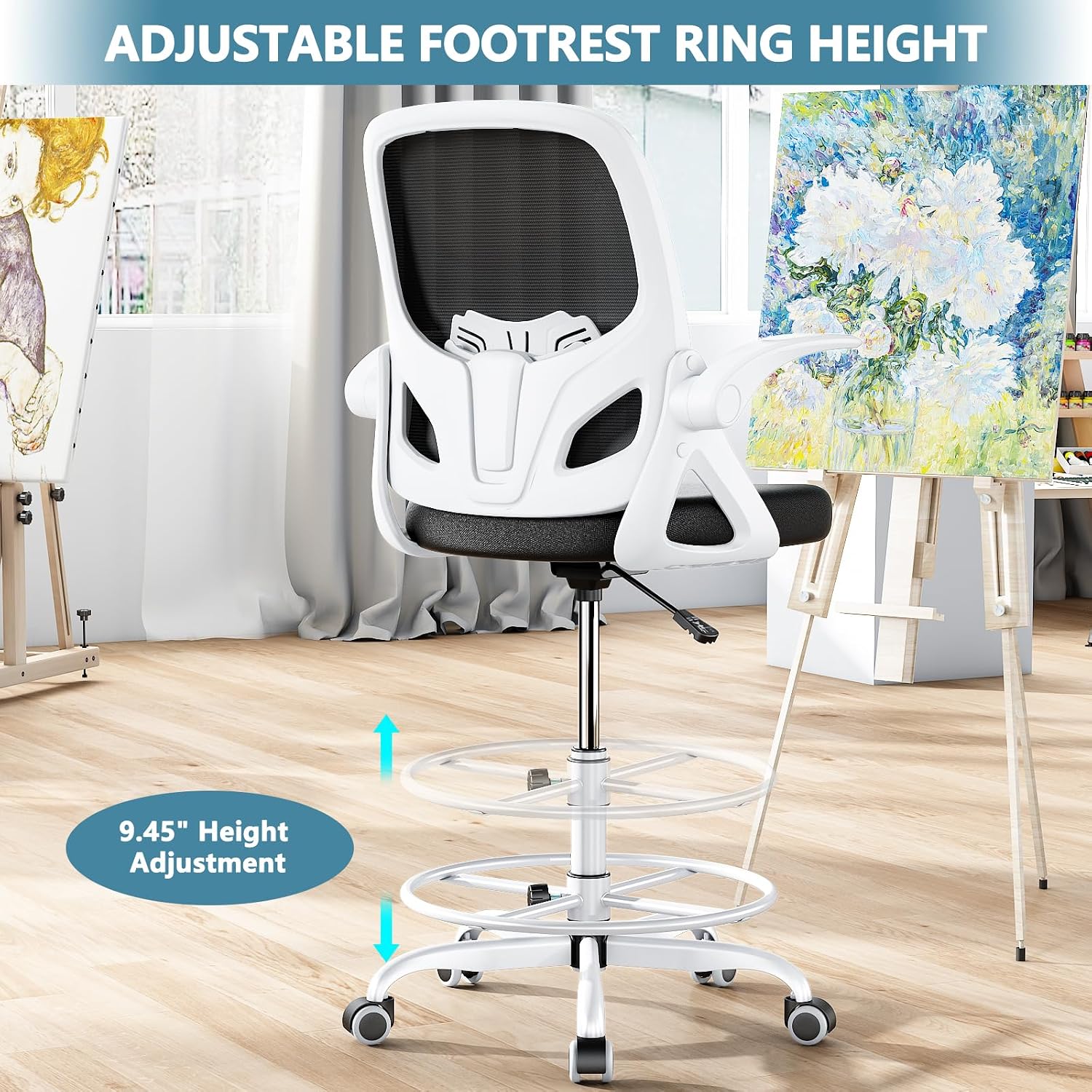 Kensaker Drafting Chair Tall Office Chair, Ergonomic Standing Desk Chair with Adjustable Foot Ring and Flip-up Armrests, Mesh Computer Chair for Art Studio, 300 LBS, White