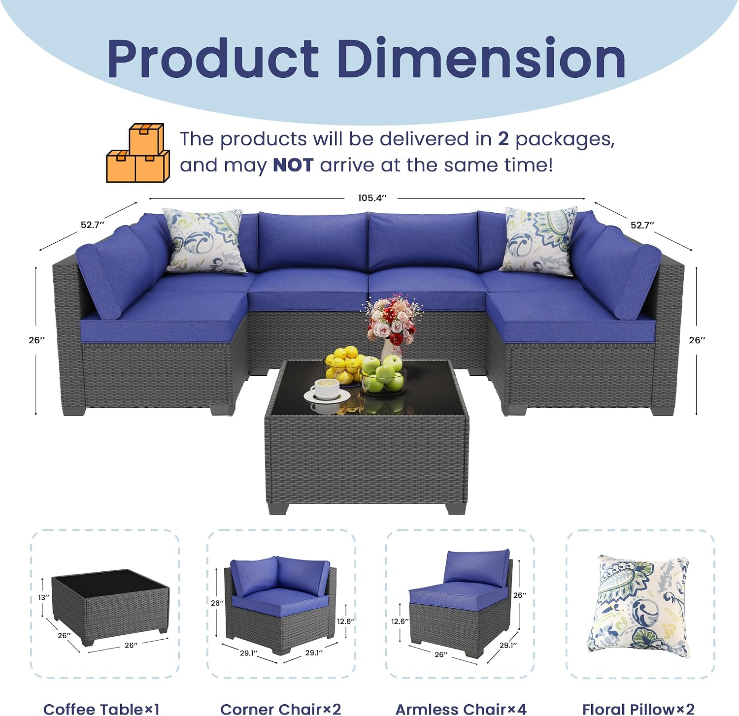 8 Piece Outdoor Patio Furniture Set, Outdoor Sectional Furniture, Rattan & Wicker Modern Modular Conversation Set Sofa Couch W/Water Resistant Washable Thick Cushions and Coffee Table, Coffee/Blue