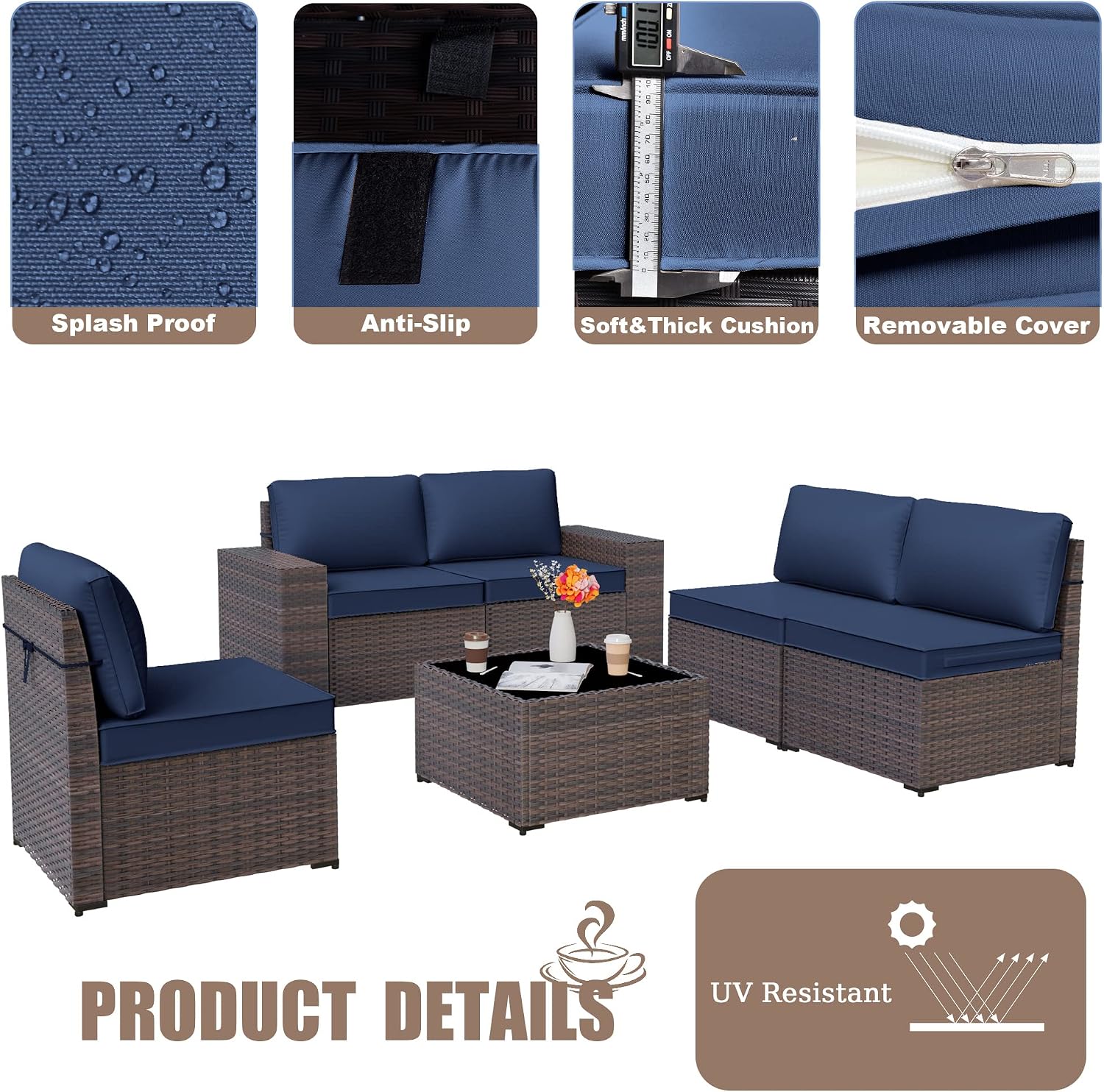 Kurapika 6 Pieces Patio Furniture Set, Rattan Outdoor Conversation Sets w/4 Inch Cushion and Glass Coffee Table(Navy Blue)