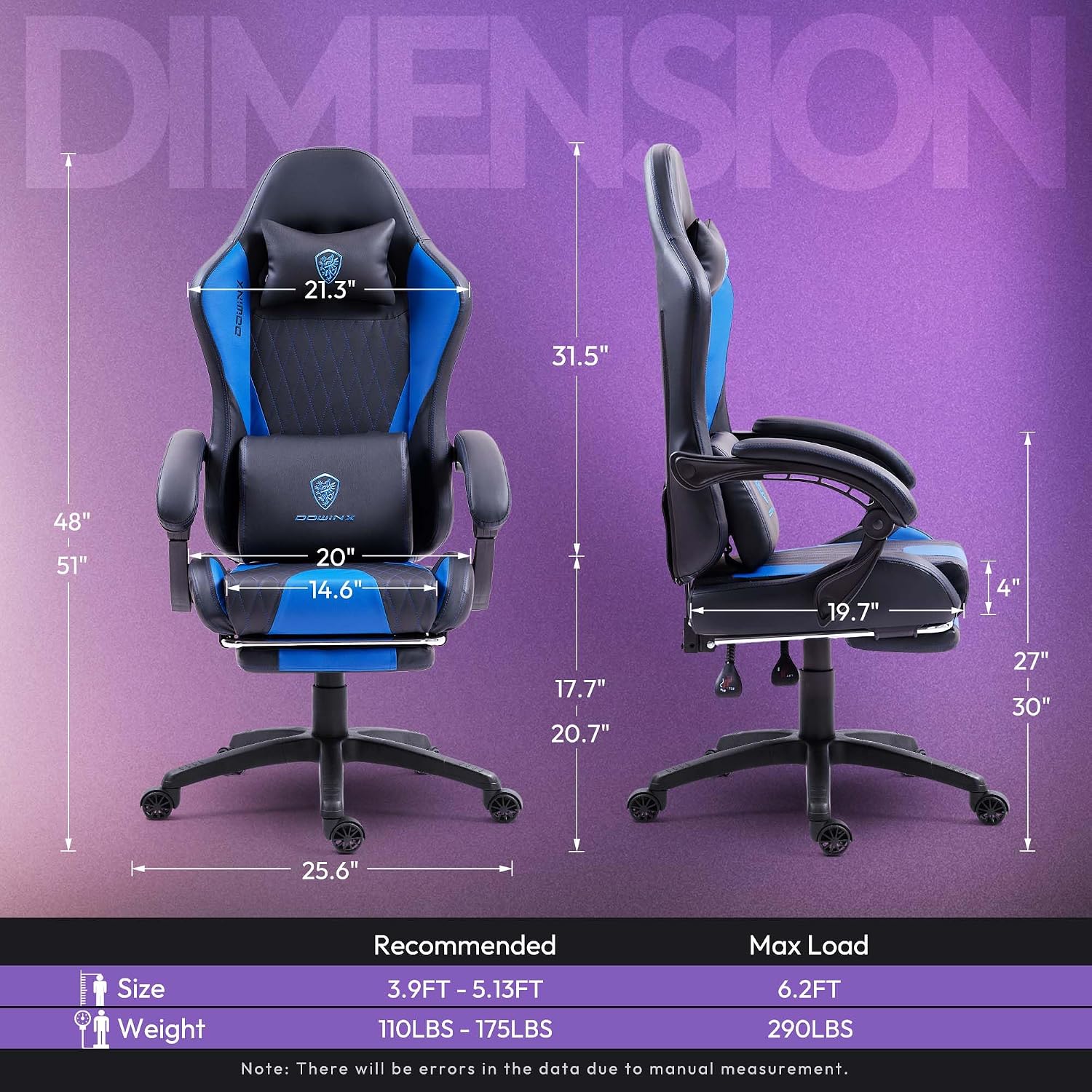 Dowinx Gaming Chair with Massage Lumbar Support and Footrest, Gaming Chairs for Adults, Ergonomic Computer Chair High Back with Pocket Spring Cushion, Swivel Recliner with Headrest, Blue