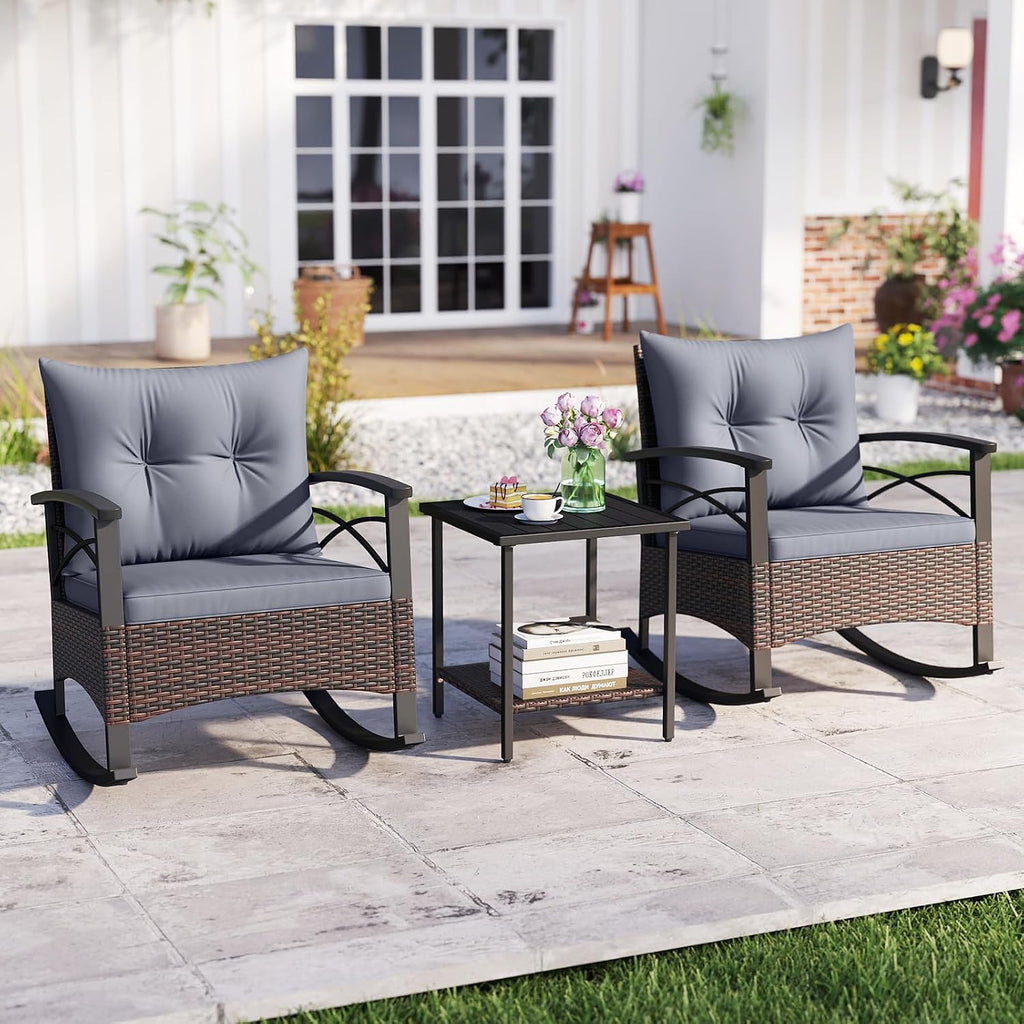 Tangkula 3 Pieces Outdoor Rocking Chairs Set, Rattan Heavy Duty Cushioned Rocker Chairs with 2-Tier Tempered Glass Coffee Table, for Garden, Balcony, Backyard (Gray)