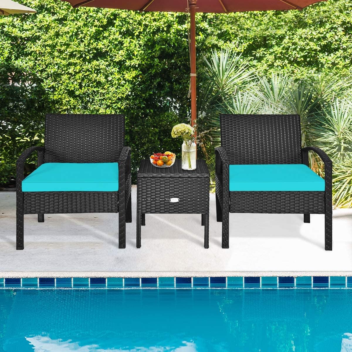 HAPPYGRILL 3 Piece Patio Furniture Set Rattan Wicker Sofa Set with Removable Cushions and Coffee Table, Outdoor Conversation Bistro Chairs Set with Storage Table for Garden Poolside Balcony