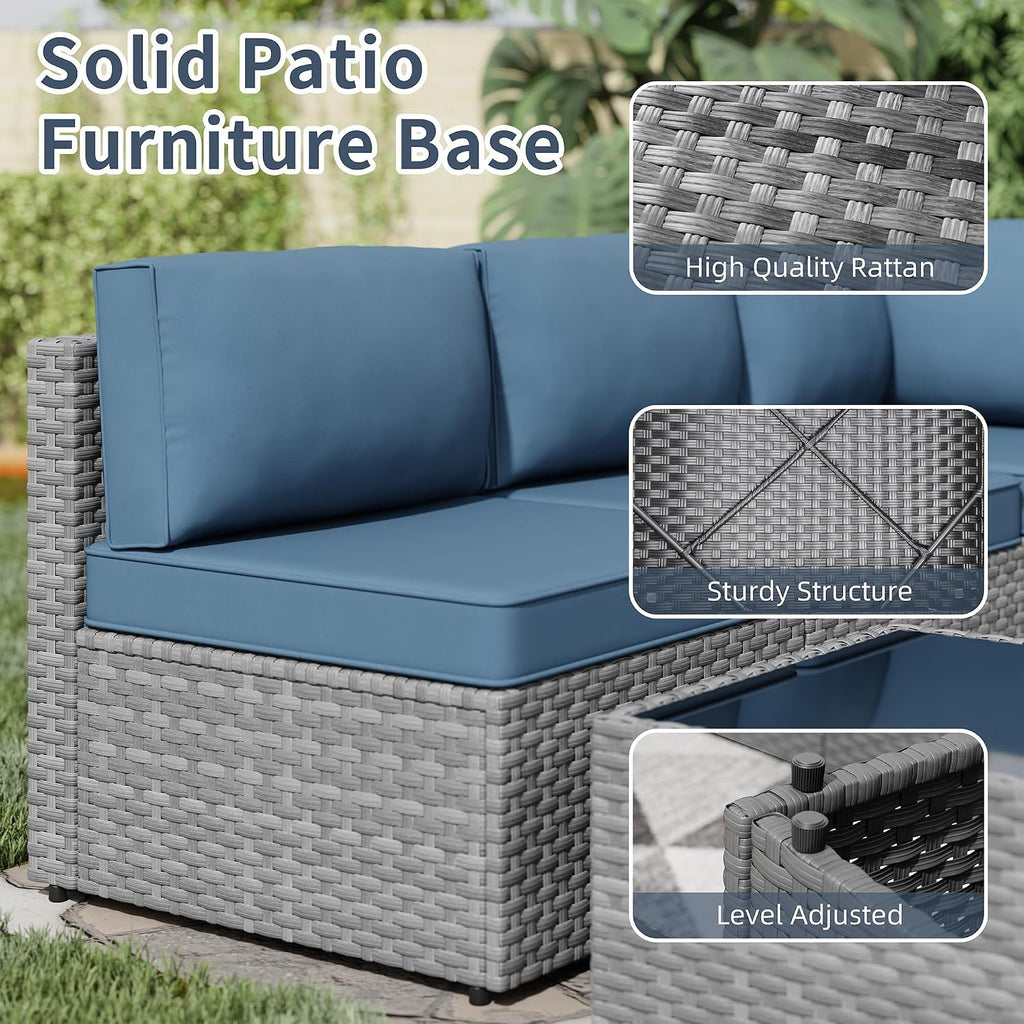 SUNLEI 5 Piece Patio Furniture Sets, Low Back All-Weather Rattan Sectional Sofa with Tea Table&Washable Couch Cushions, Patio Furniture Sets, Silver Rattan