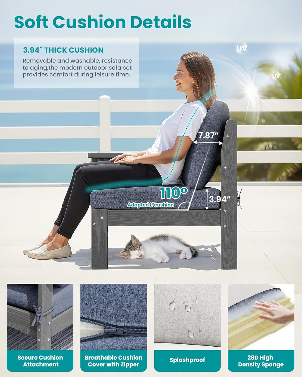 SERWALL 2 Pieces Patio Sofas, HDPE Outdoor Conversation Set with Cushions and Ottoman, Modular Sectional Patio Furniture for Backyard, Deck, Garden, Poolside, Grey Frame with Grey Cushion