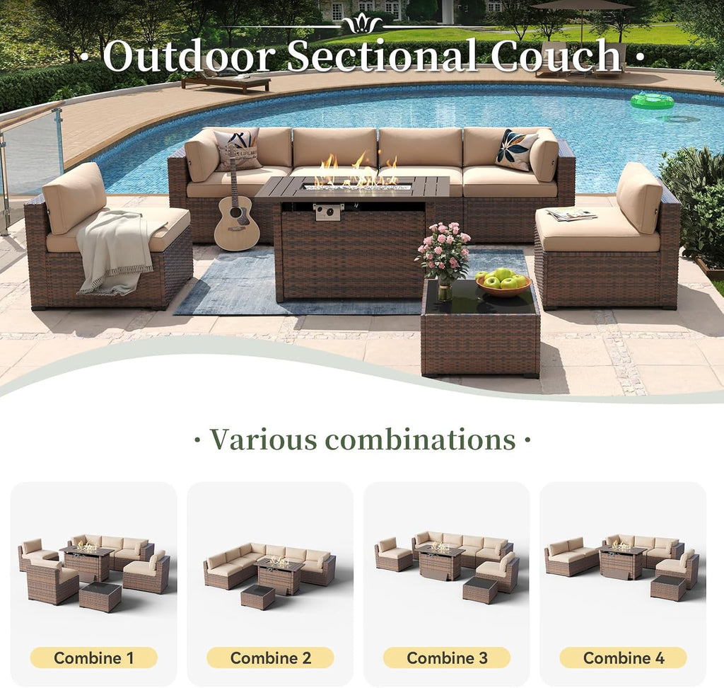 Aoxun 8 Piece Patio Furniture Set with 44' Fire Pit Table Wicker Rattan Outdoor Sectional Sofa Set with Coffee Table and Thickened Cushions, Beige (Waterproof Cover Included)