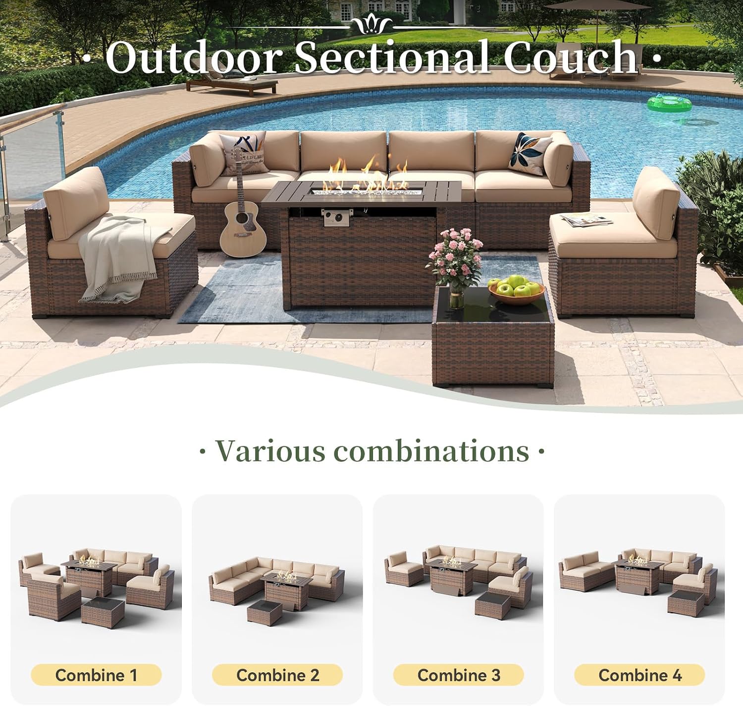 Aoxun 8 Piece Patio Furniture Set with 44' Fire Pit Table Wicker Rattan Outdoor Sectional Sofa Set with Coffee Table and Thickened Cushions, Beige (Waterproof Cover Included)