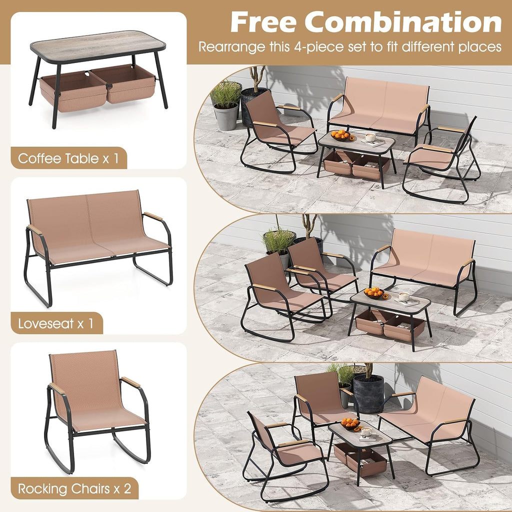 Tangkula 4 Pieces Patio Furniture Set with 2 Rocking Bistro Chairs, Outdoor Conversation Set with 2-Tier Coffee Table and Breathable Fabric Chairs for Porch, Garden, Lawn and Backyard (Brown)