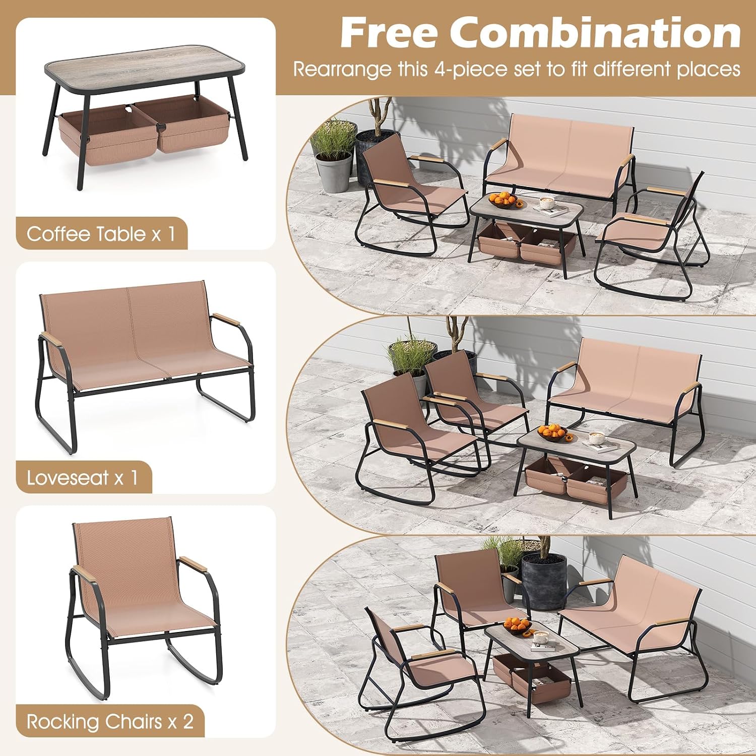 Tangkula 4 Pieces Patio Furniture Set with 2 Rocking Bistro Chairs, Outdoor Conversation Set with 2-Tier Coffee Table and Breathable Fabric Chairs for Porch, Garden, Lawn and Backyard (Brown)