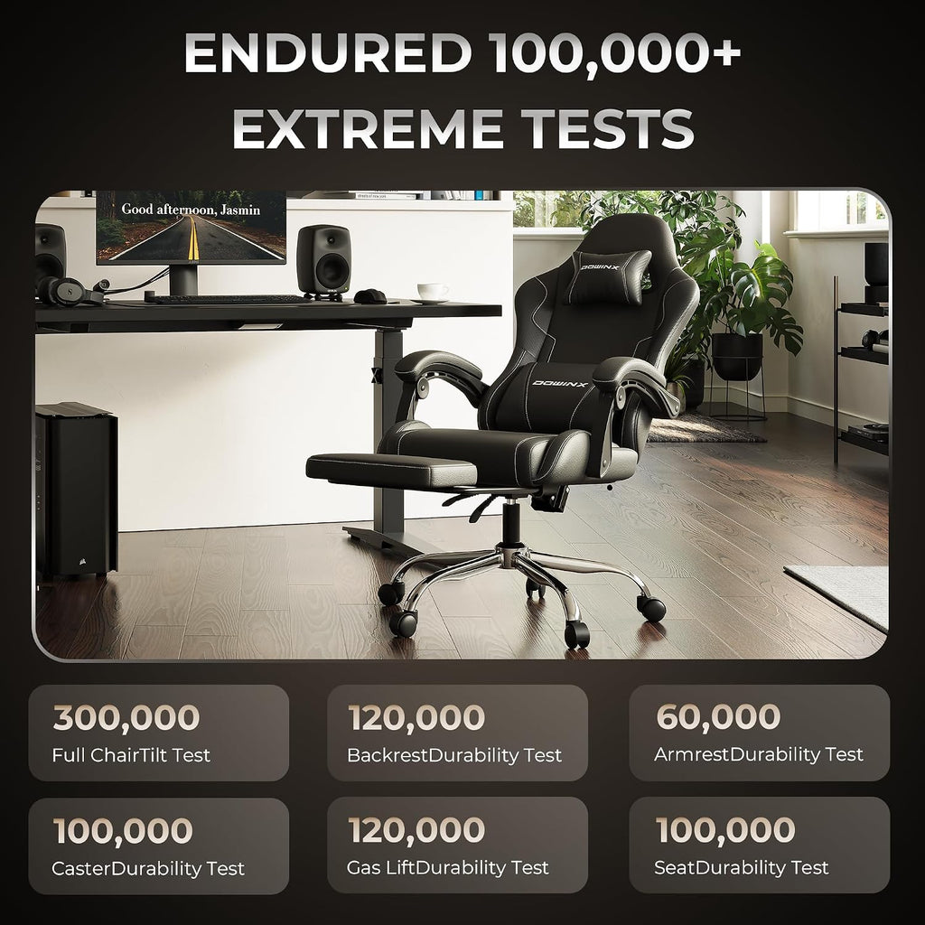 Ergonomic Gaming Chair with Footrest, Heavy Duty 330lbs Office Chair, Massage Lumbar Support, Adjustable Height & Headrest Pillow, Comfortable for Back Pain Relief, Streaming, Long Gaming, Black