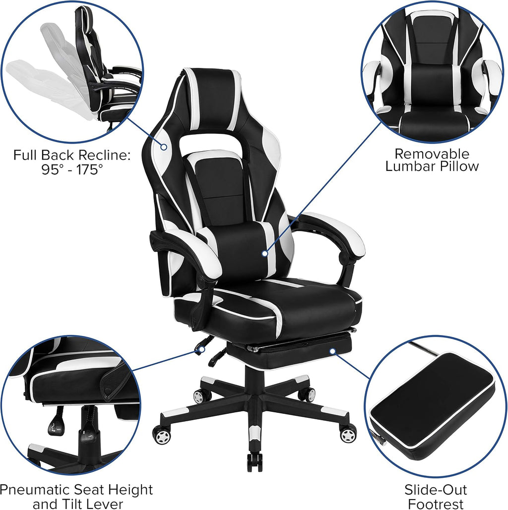 EMMA + OLIVER White Ergonomic Gaming Chair - Reclining Back/Arms, Footrest, Massaging Lumbar