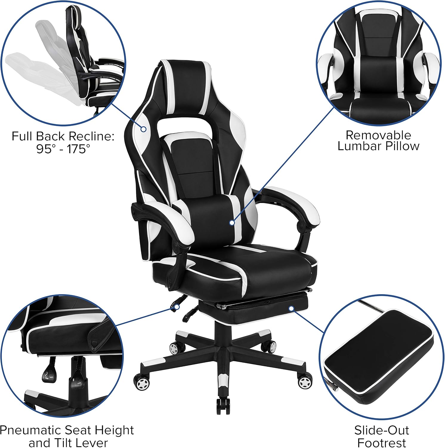 EMMA + OLIVER White Ergonomic Gaming Chair - Reclining Back/Arms, Footrest, Massaging Lumbar
