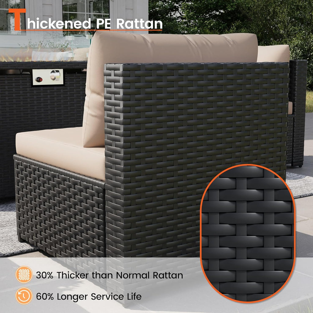 8 Piece Patio Furniture Set with 43' Fire Pit Table, Outdoor Sectional Wicker Rattan Sofa Set with Coffee Table (Beige/Black)