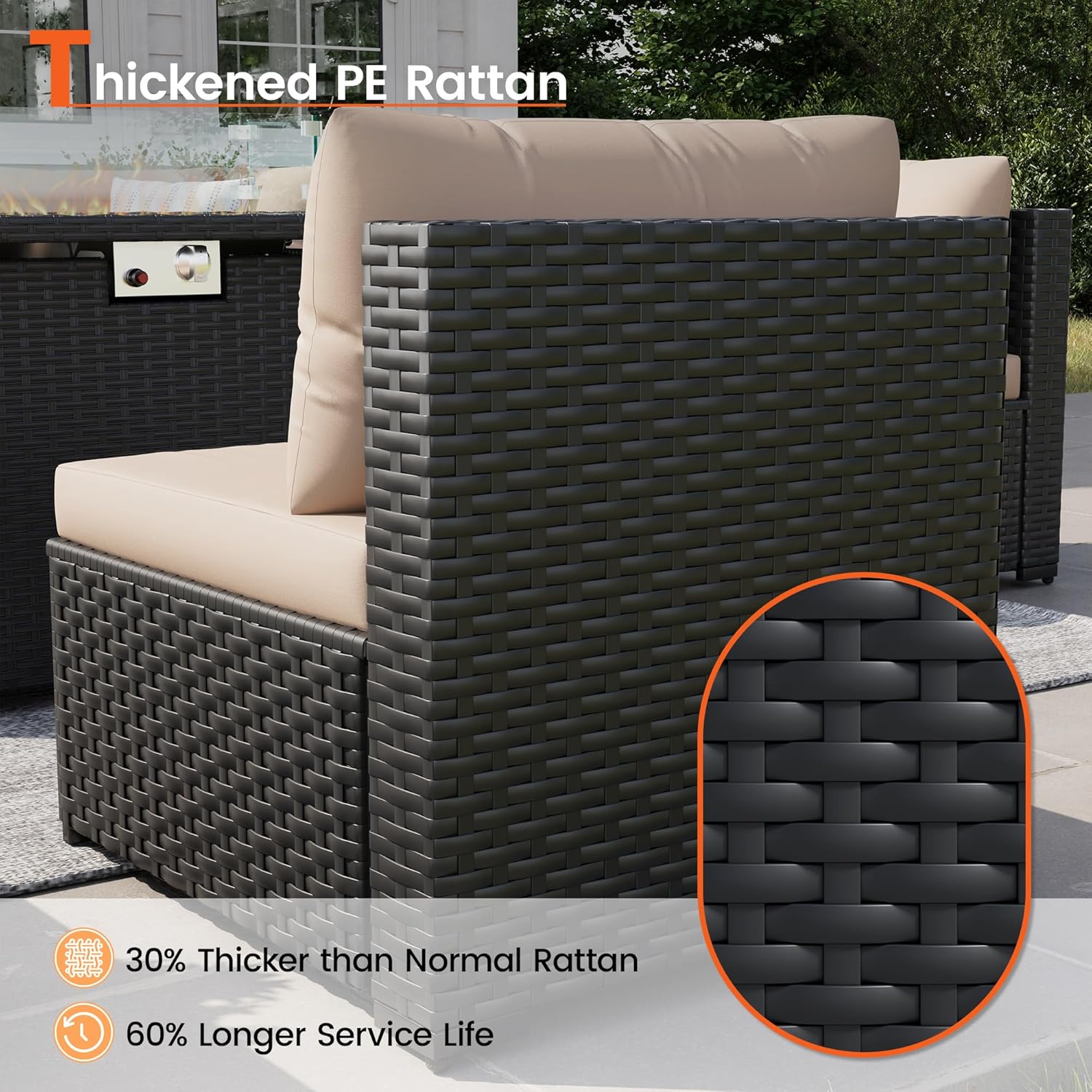 8 Piece Patio Furniture Set with 43' Fire Pit Table, Outdoor Sectional Wicker Rattan Sofa Set with Coffee Table (Beige/Black)